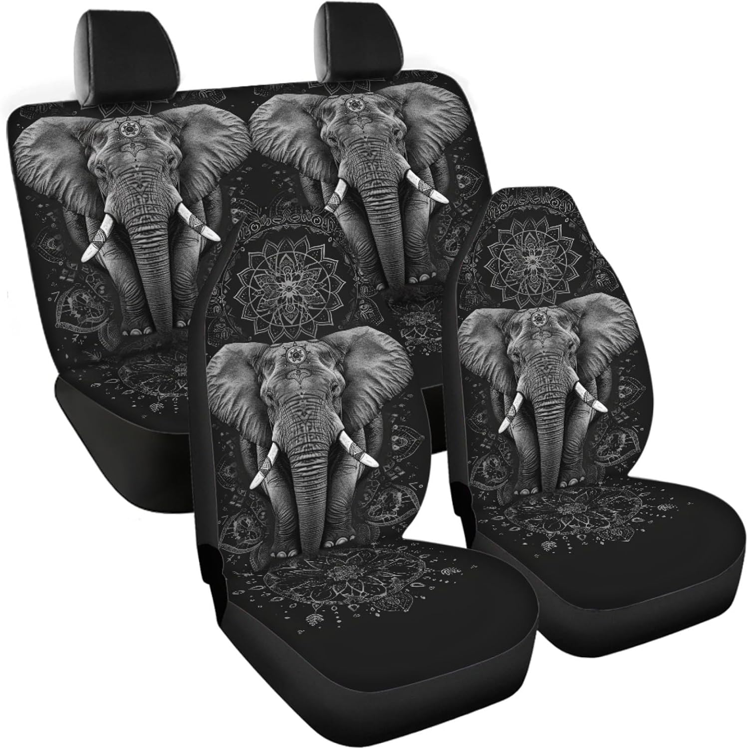 Boho Elephant Print 4 Pcs Car Seat Covers Full Set, Soft Stretchy Front and Split Bench Seat Protectors, Car Accessories Universal Fit for Auto Van Truck Sedan