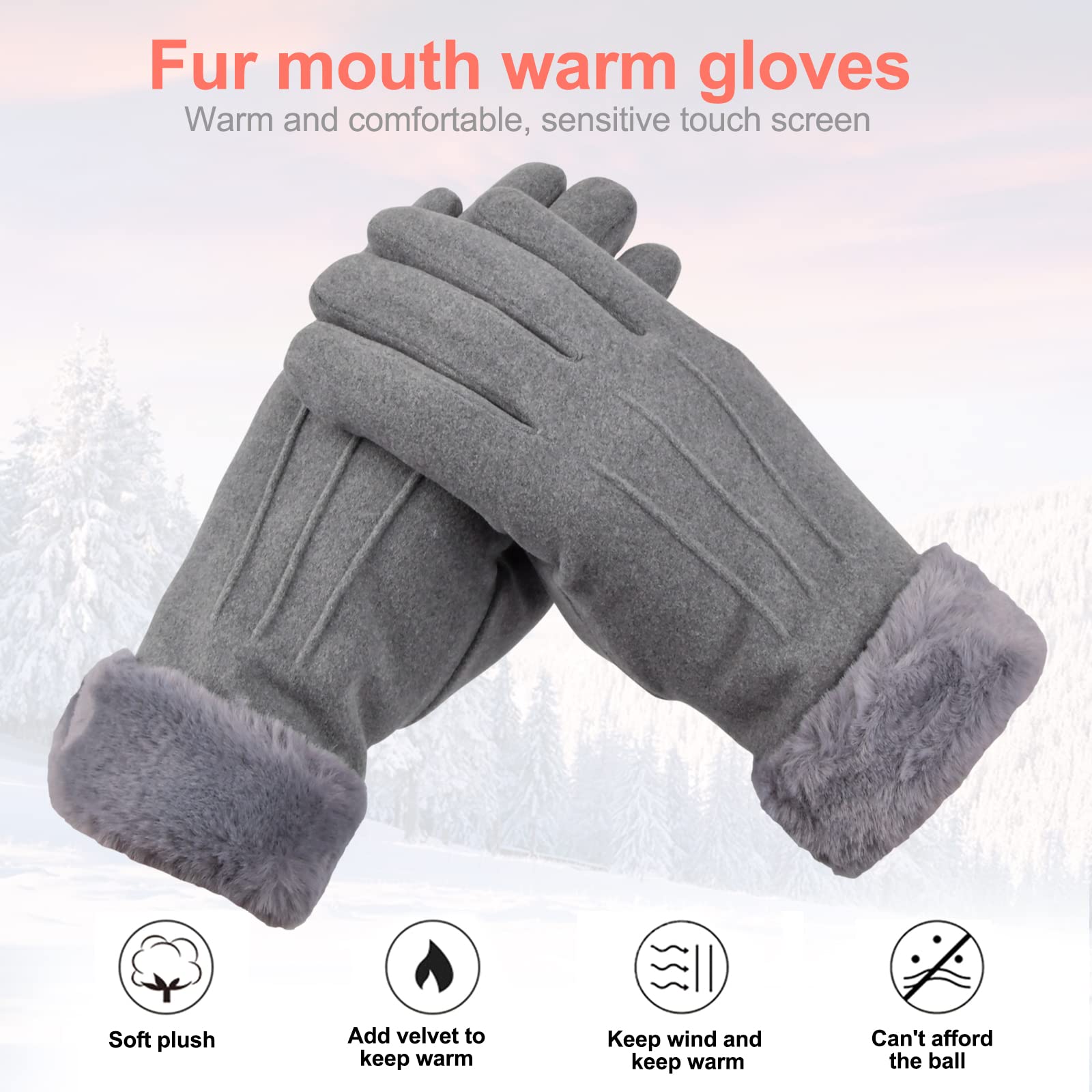 Guantes de Invierno Mujer, Guantes para Pantalla Táctil, Guantes Cálidos para Deportes al Aaire Libre, Guantes Prueba de Viento con Forro Polar para Conducción Esquí Ciclismo Camping (Gris)