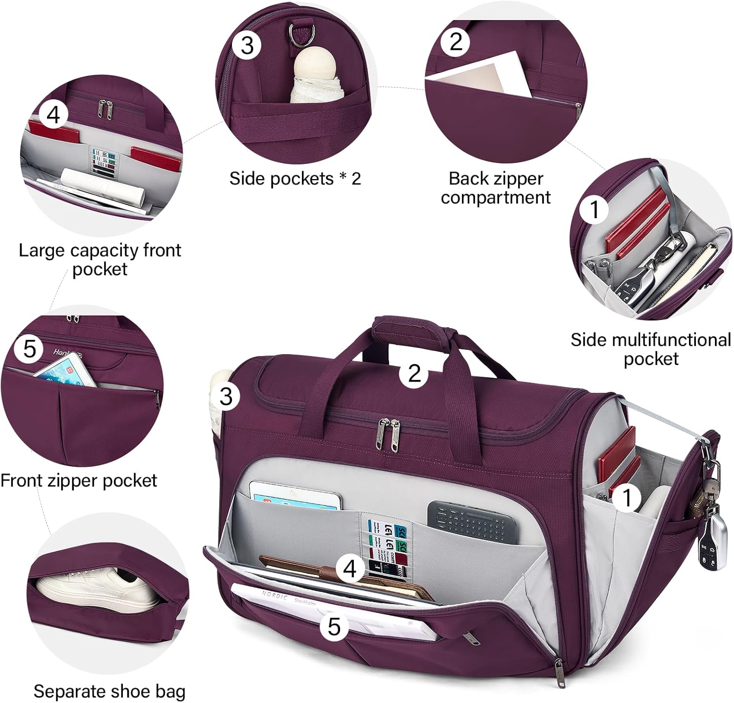 Hanke Carry On luggage Bags for Travel, Large Foldable Duffle Bag for Travel, Softside Lightweight Travel Bag Carry On Bags for Airplanes Women, Travel Tote Bags for Women Men.（Purple） - Image 4