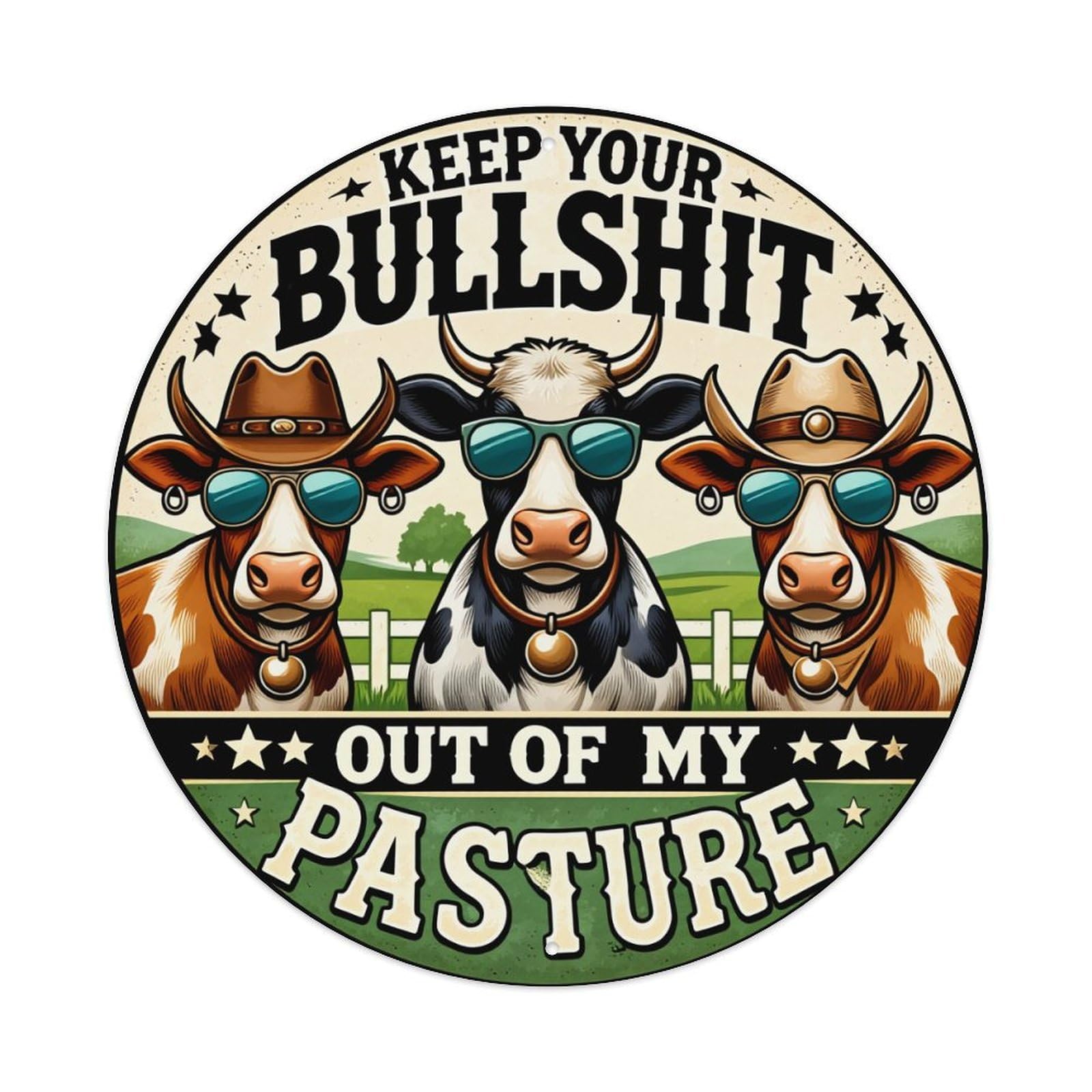 Cow Cowboy Sunglasses Pasture Sign Round Tin Sign Vintage Metal Poster, Home Bar Garage Man Cave Cafe Indoor & Outdoor Wall Decoration 8x8Inches