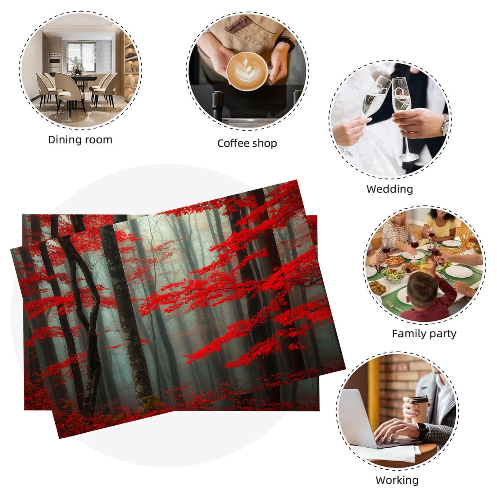 Set di 8 Tovagliette Americane Lavabili Cotone Lino Paesaggio - Tovaglietta Americana Resistenti al Calore Durevole Foglie rosse della foresta - per Colazione Pranzo 30×45 cm