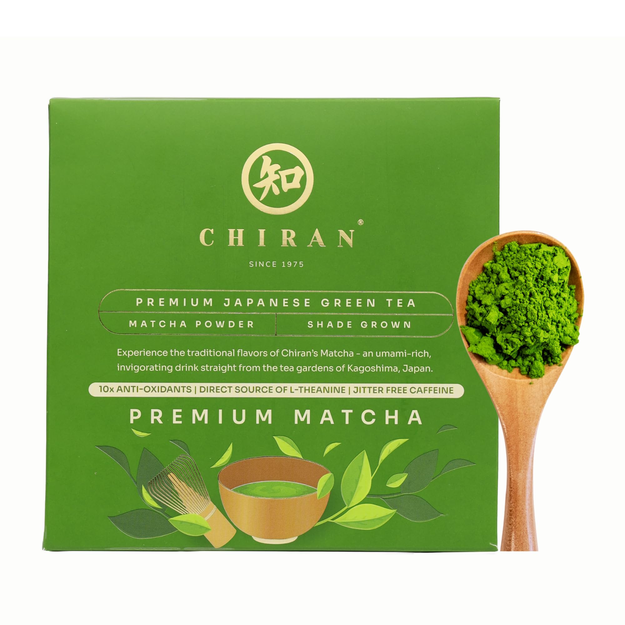 CHIRAN Premium Matcha Powder from Japan – Shade-Grown, Deep Green Color, and Velvety Smooth Texture | Japanese Green Tea Powder | Coffee Replacement with Jitter-Free Caffeine Boost