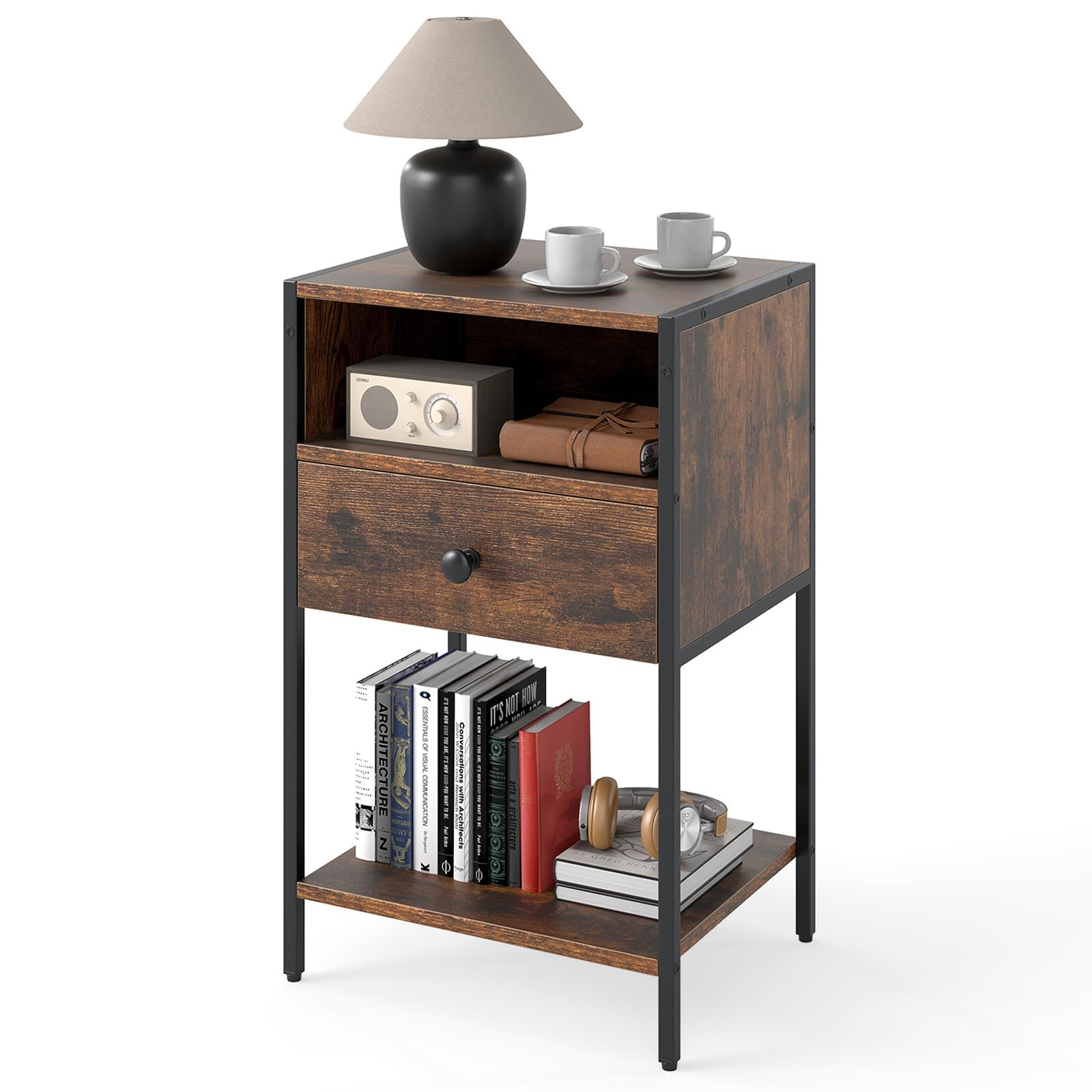 COSTWAY Bedside Table, Industrial Nightstand End Sofa Side Table with Drawer and Storage Shelves, Metal Frame Wooden Small Bedside Cabinet for Living Room Bedroom, 40x32x65cm (1, Rustic Brown+Black)
