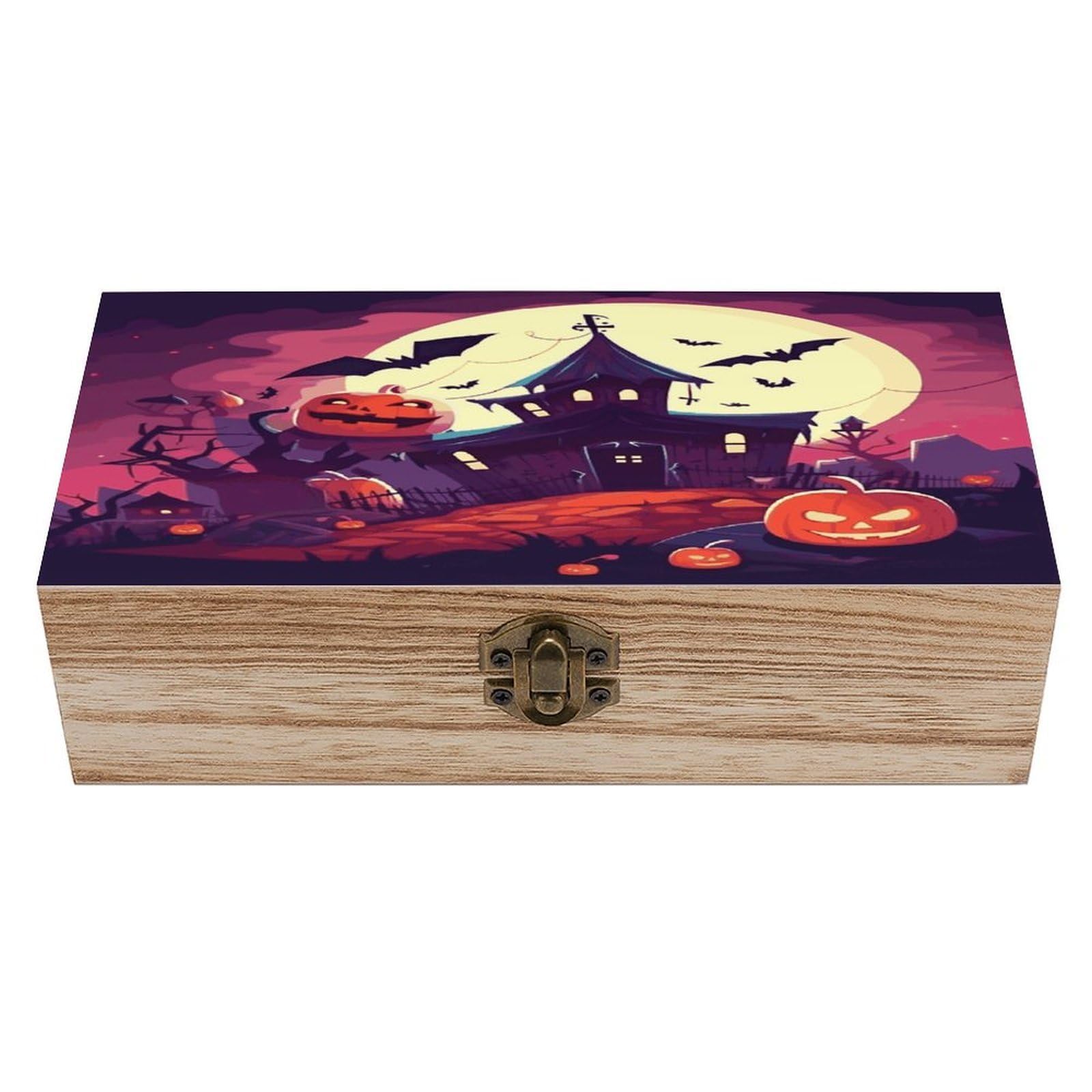 Btcowzrv Style Happy Halloween Wooden Storage Box, Keepsake Box With Hinged And Retro Lock, Wood Jewelry Organizer For Photos & Mementos And Home Decor