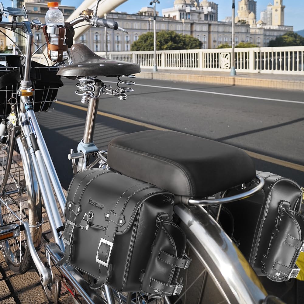 TentHome Torby motocyklowe do pakowania ze skóry PU, torba na bagażnik rowerowy, tylne sakwy rowerowe, kieszenie boczne, podwójna torba z uchwytem na butelkę i zamkiem, czarna