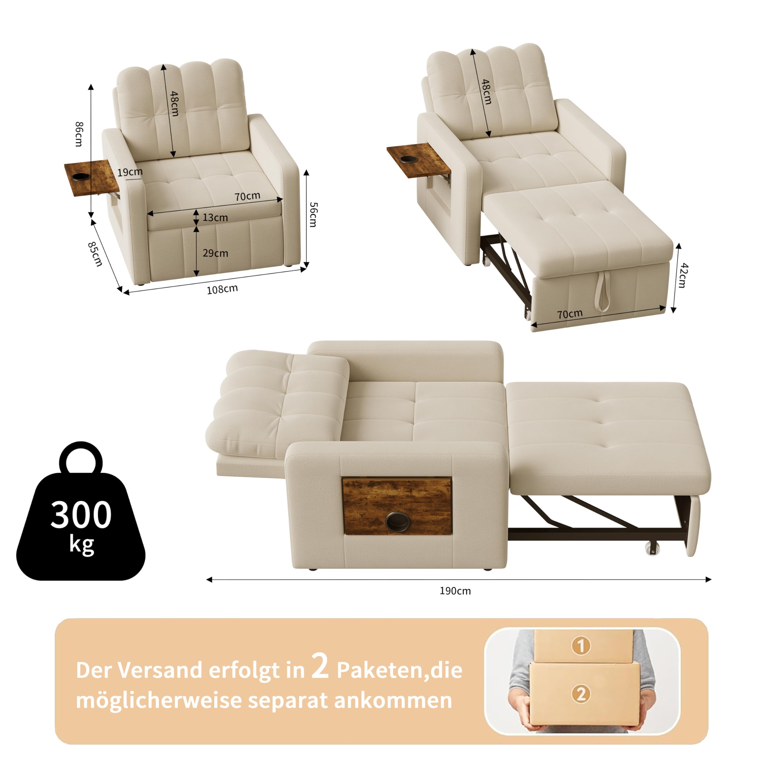 Sillón 3 en 1 convertible, sillón cama con función de cama, sillón ajustable con cojín y bolsillo lateral, sillón con función de dormir para apartamentos pequeños (beige, silla 3 en 1)
