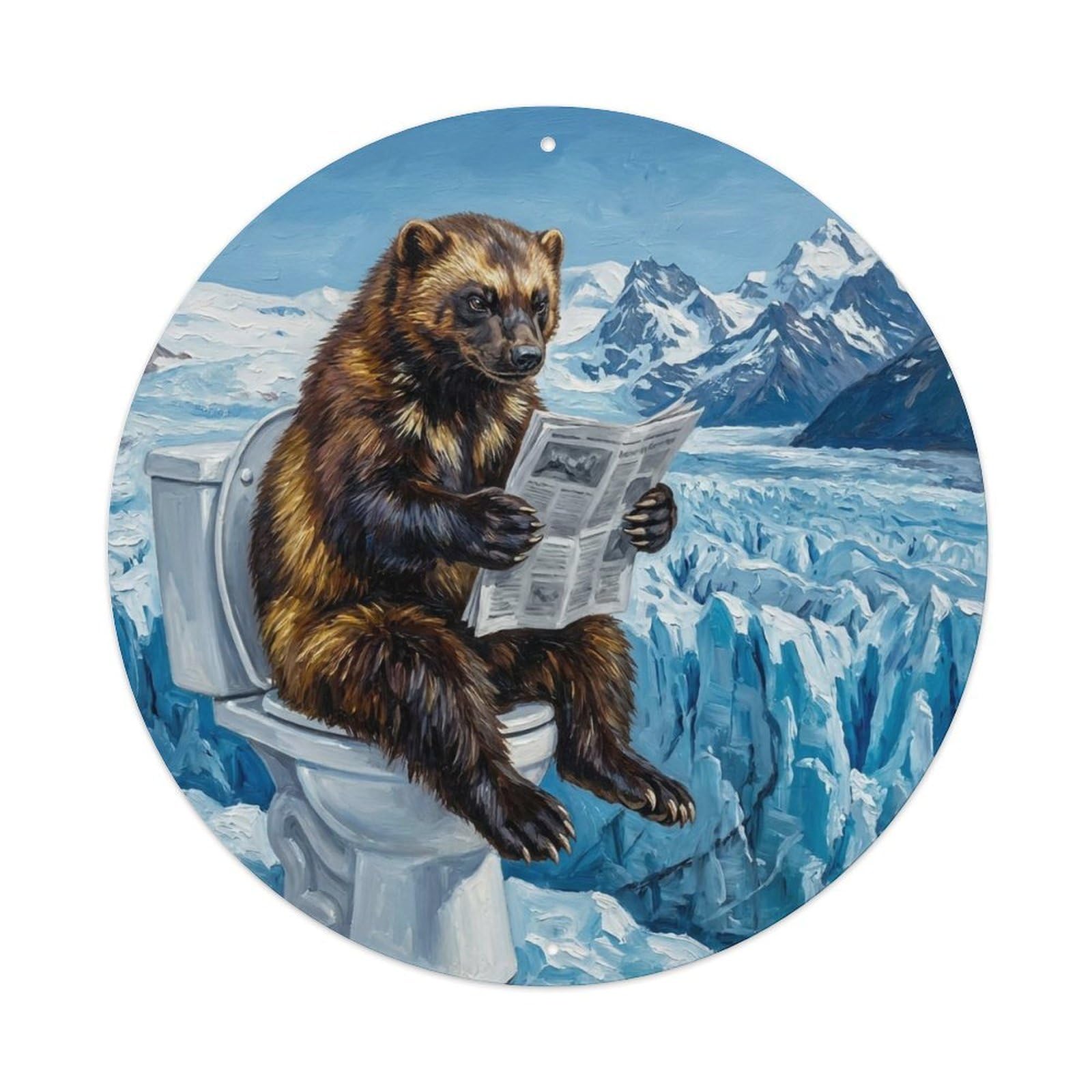 Wolverine On Toilet Humorous Bathroom Glacier Edge Metal Tin Sign