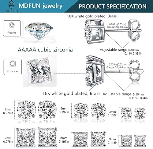 Miniatura 6 de MDFUN - Juego de 6 pares de aretes tipo dormilona de 3mm5mm7mm con circonia cúbica redonda y cuadrada, hipoalergénicos, de acero inoxidable