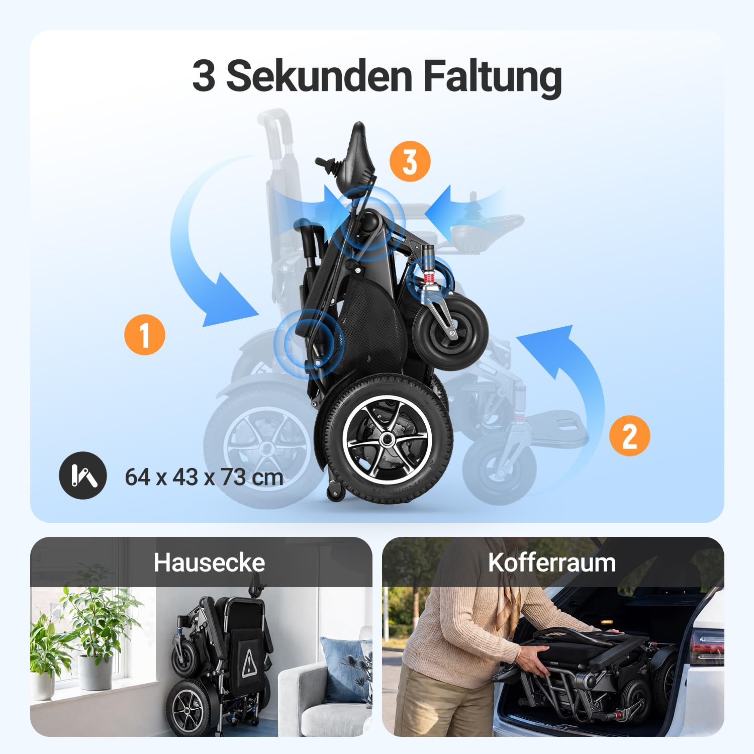 Wefree Elektrischer Rollstuhl Faltbar Leicht, 40 km Reichweite, 500 W Dual-Antrieb, 47 cm Sitzbreite, Kompakt faltbar in 3 Sek., Abnehmbarer Lithium-Akku, Belastbar bis 100KG, für Senioren