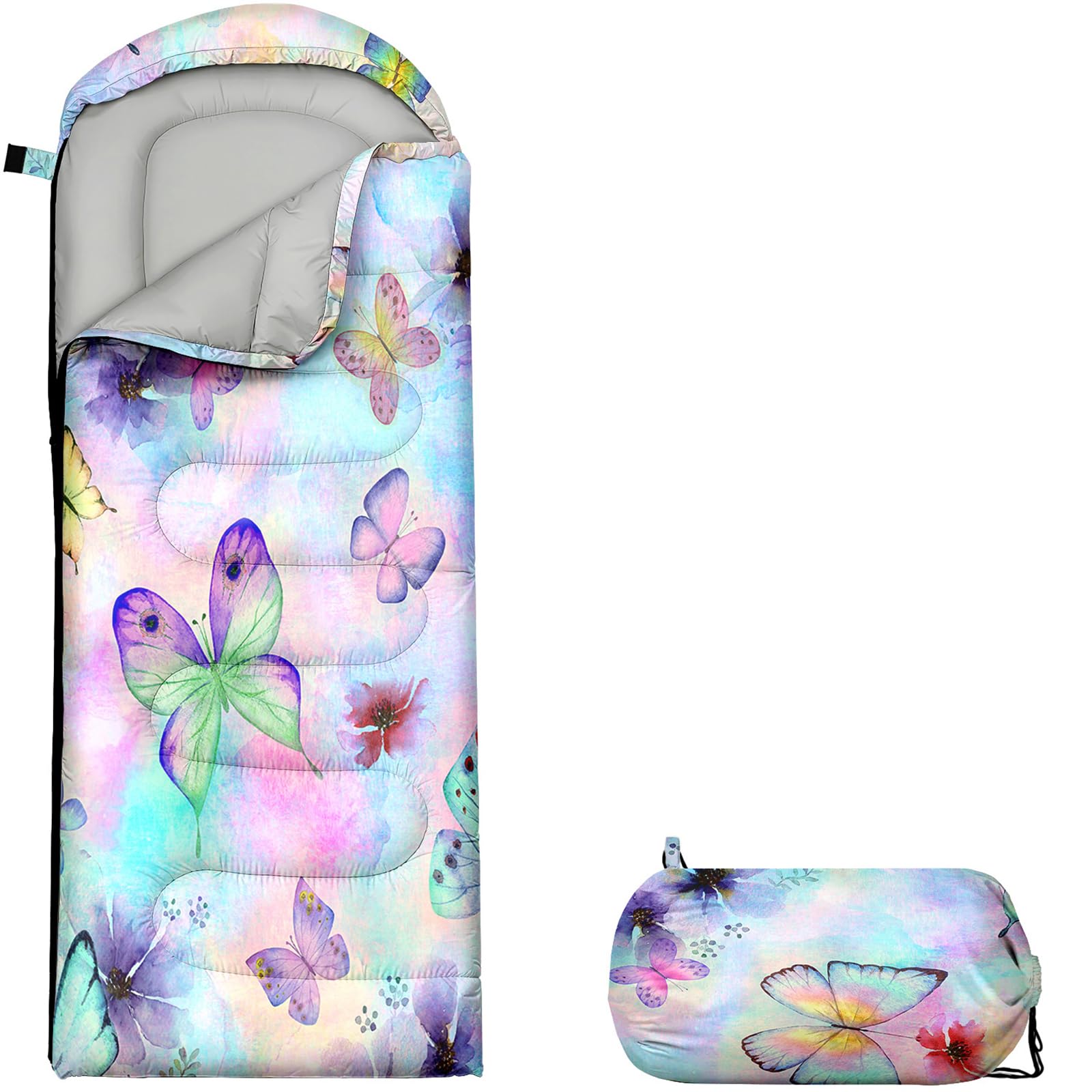 Butterfly Sleeping Bag for Girls,Kids Sleeping Bag for Camping-Lightweight Waterproof Warm Camping Bags, Portable Bags with Compression Outdoor Indoor 3 Seasons(Butterfly)