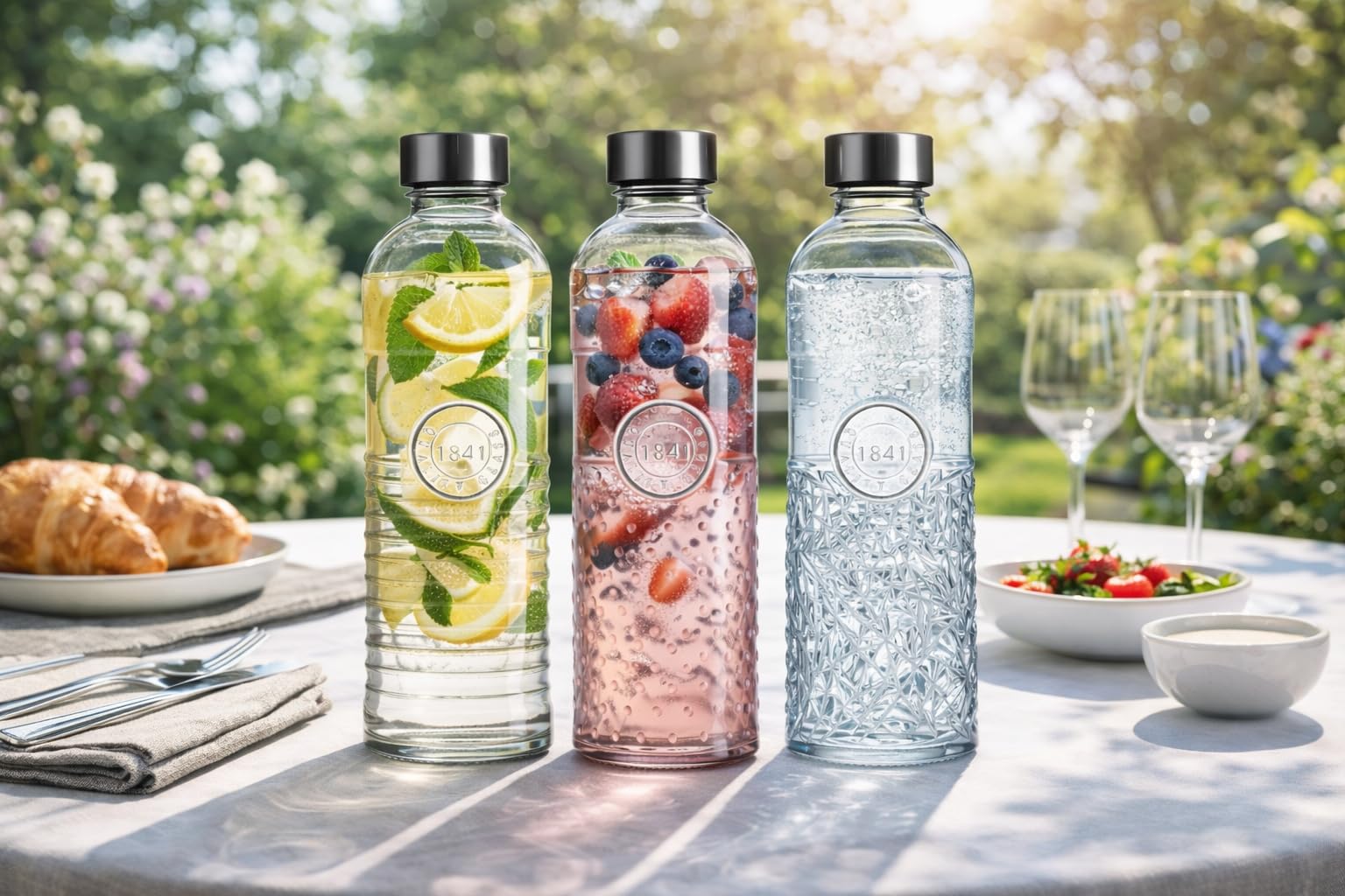 Glas Wasserflasche 1L - Luftdichte Trinkflasche mit Schraubverschluss - Vintage Design für Wasser & Saft - Kühlschrankgeeignet - (3er Set)