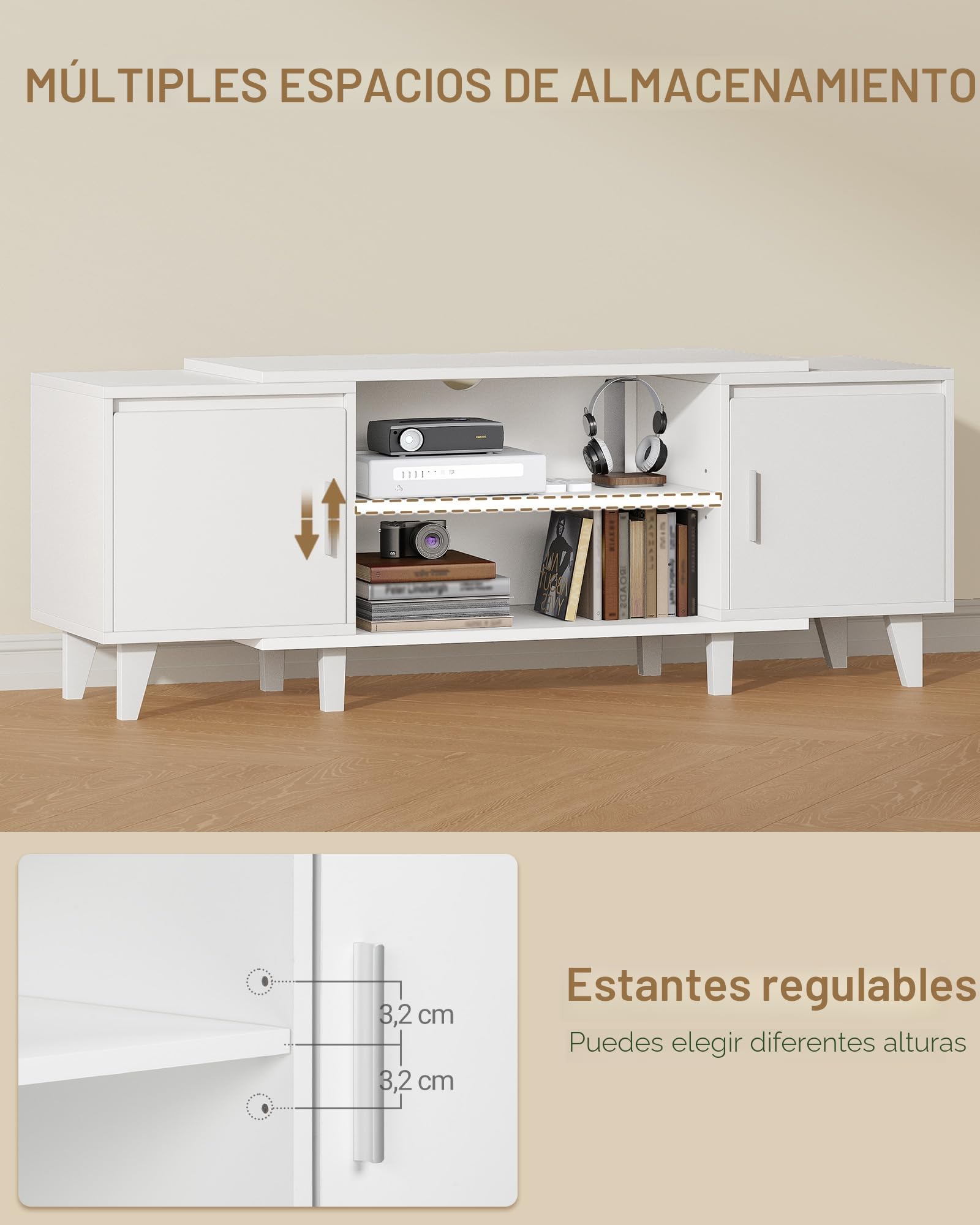Hzuaneri Mueble de TV con 2 Puertas, Estantes Ajustables, Mesa de TV para televisores de hasta 65 Pulgadas, 40 x 140 x 51,5 cm, para Sala, Dormitorio, Comedor, Blanco TV16703E
