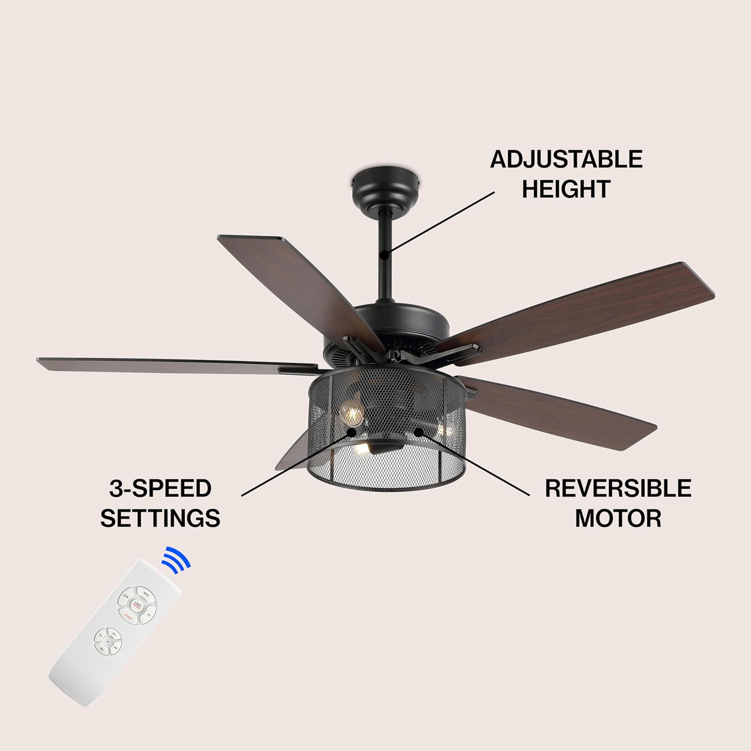 JONATHAN Y 52" Black/Dark Walnut Max 3-Light Farmhouse Industrial Iron/Wood Mobile-App/Remote-Controlled LED Ceiling Fan, Metal Shade JYL9721A