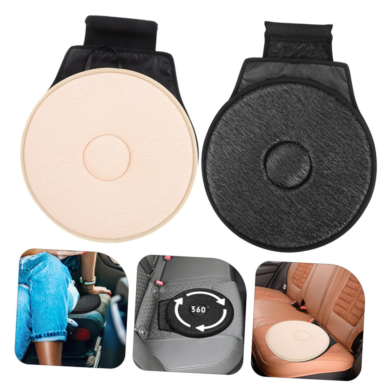 Mobestech Coussins de Siège Pivotants Installation Rapide Lot de 2 pour Voiture 360° en Tissu Noir et Beige, Confortables pour Femmes Enceintes