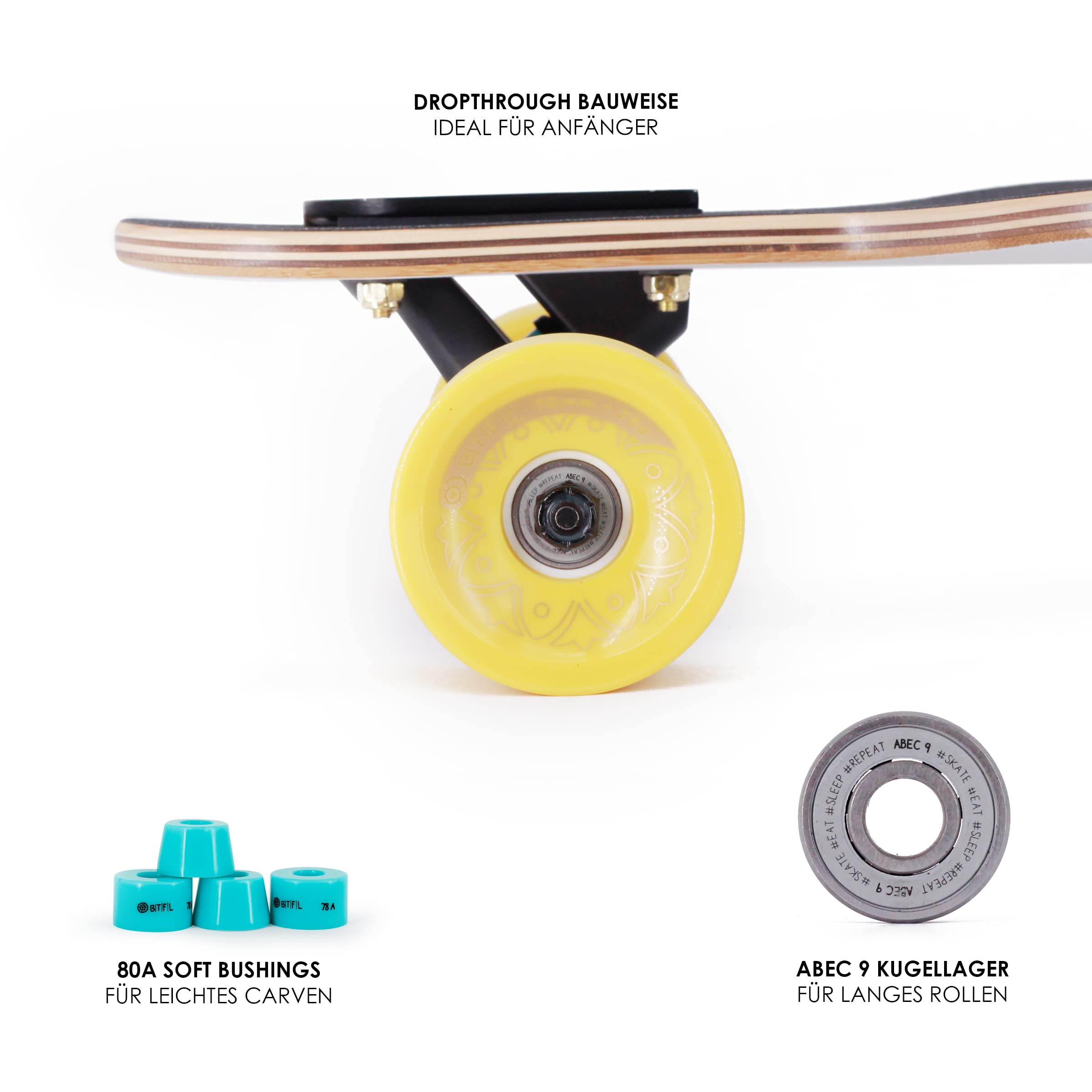 BTFL Drop-Through Longboard para niñas, monopatín completo con rodamientos ABEC 9, Cruiser para principiantes y avanzados: Chloe, Flora, Malou, Polly3, Yuva, Kayla, Keanu