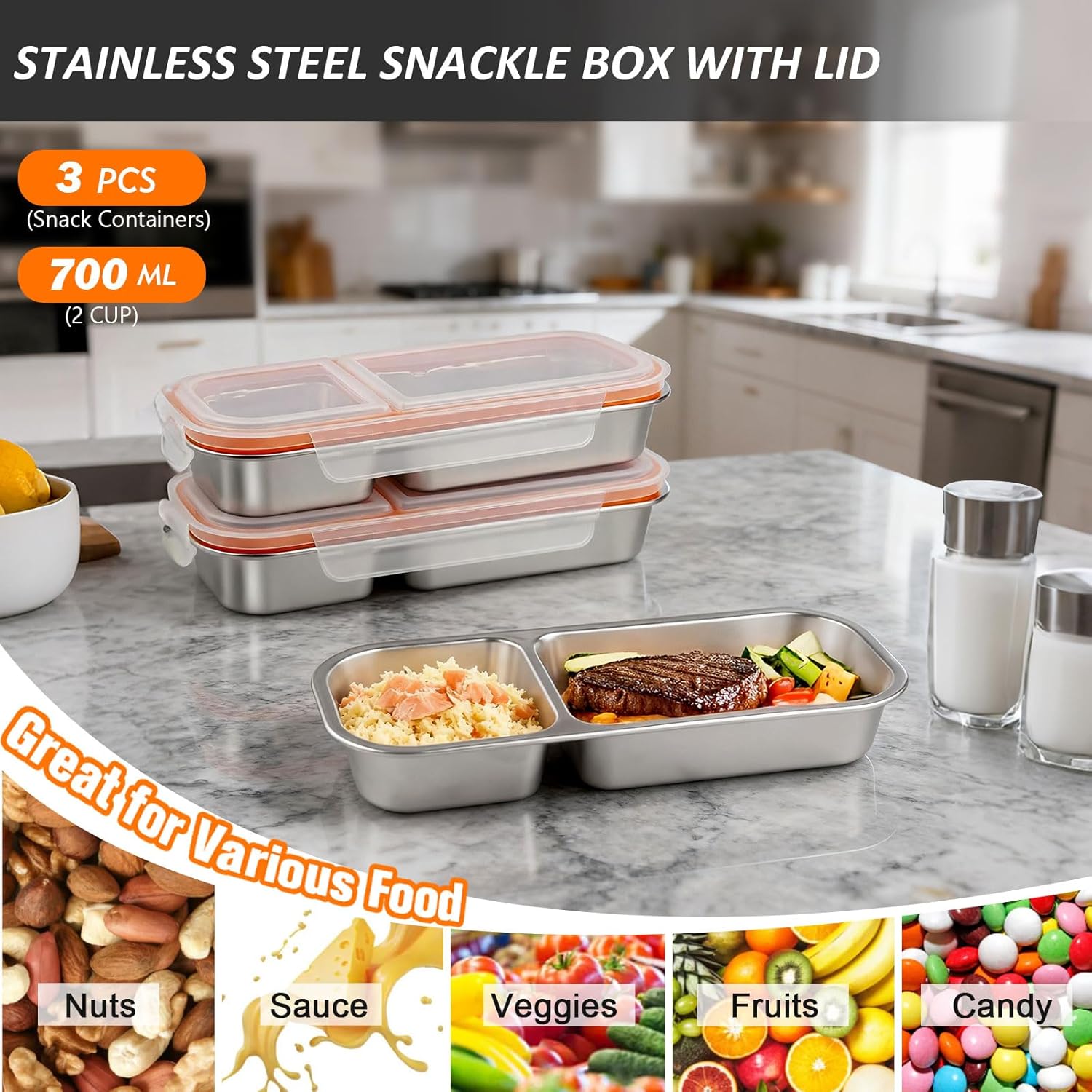 3 Pack Stainless Steel Snack Containers with Lids, Leakproof Lunch Box Containers, Reusable 2 Compartment Snackle Box, Grab and Go lunchable container for Travel - Image 5