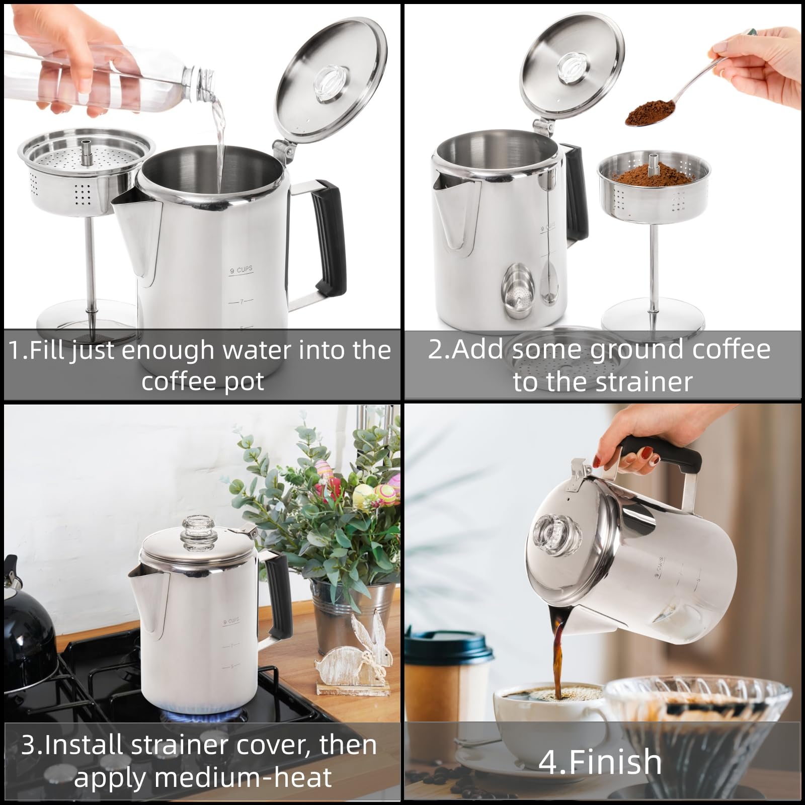 Cididu Cafetera de camping de acero inoxidable, cafetera al aire libre, cafetera duradera para estufa, preparar café en llamas, ideal para acampar en grupo, senderismo, mochileros, RV y viajes, 9