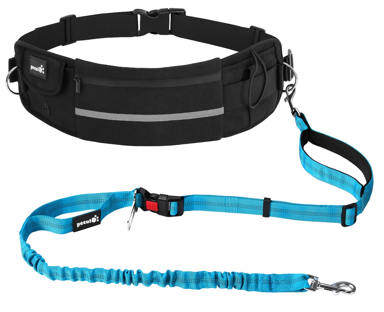 Pecute Hands Free Dog Leash with Pouch, Waist Belt Fanny Pack with Soft Padds, Dual Padded Handles and Durable Bungee for Walking, Hiking, Jogging