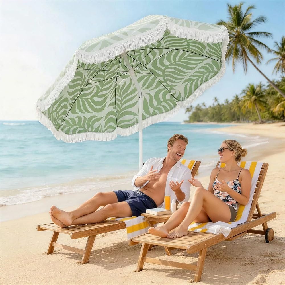 200 cm Parasol Plażowy w Boho z Frędzlami, Przenośny Nachylenia Parasol Przeciwsłoneczny z Nadrukiem i Torbą Transportową, UPF30+ do Ogrodu, Basenu