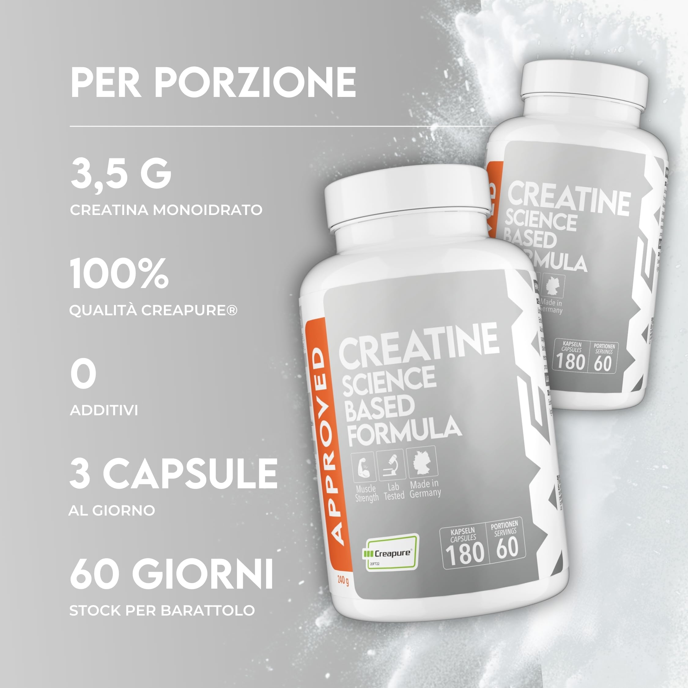 WFN Approved Creatine Caps - Creapure - 180 Capsule di creatina - Giga Caps ad alta dose - Pura creatina monoidrato - Vegano - 60 Porzioni - Prodotto in Germania - Testato in laboratorio esterno