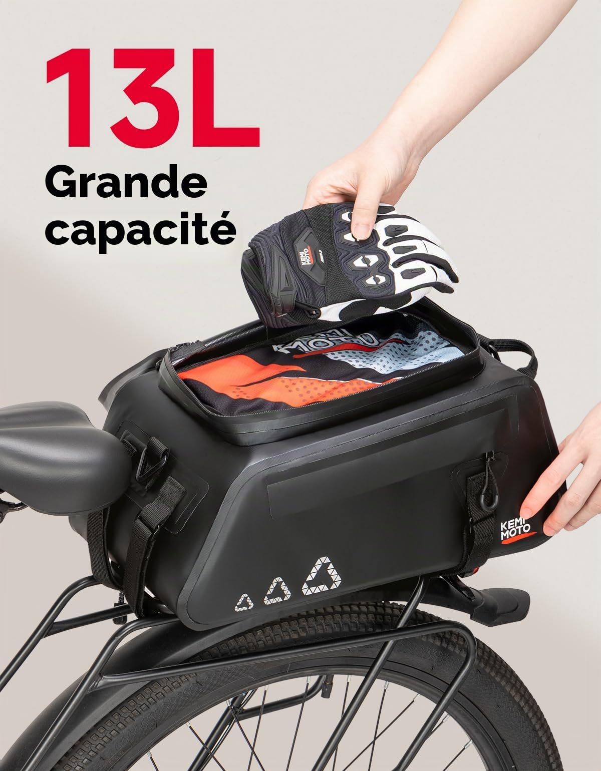 KEMIMOTO 3 en 1 Sacoche Velo Porte Bagage Arriere, 13L Sacoche Vélo Arrière Etanche 500D PVC et avec Plusieurs Compartiments, Sac Vélo Multifonctionnelle avec Poignée de Transport et Bandoulière