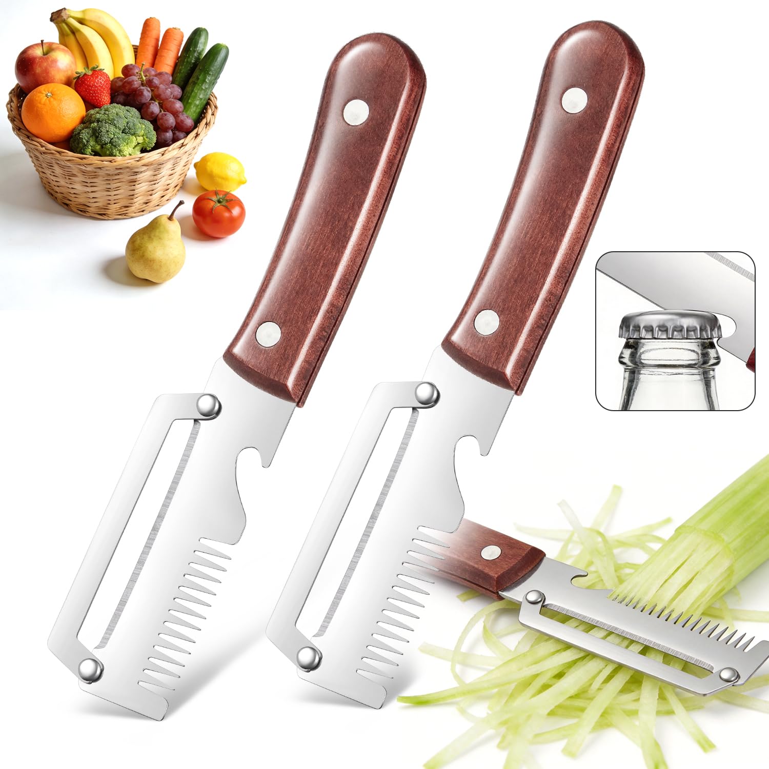 3-in-1 Stainless Steel Vegetable Peeler & Julienne Cutter with Bottle Opener - Multifunctional Kitchen Gadget for Fruits, Veggies, Camping & Daily Home Cooking(2-Pack) wooden-image-42