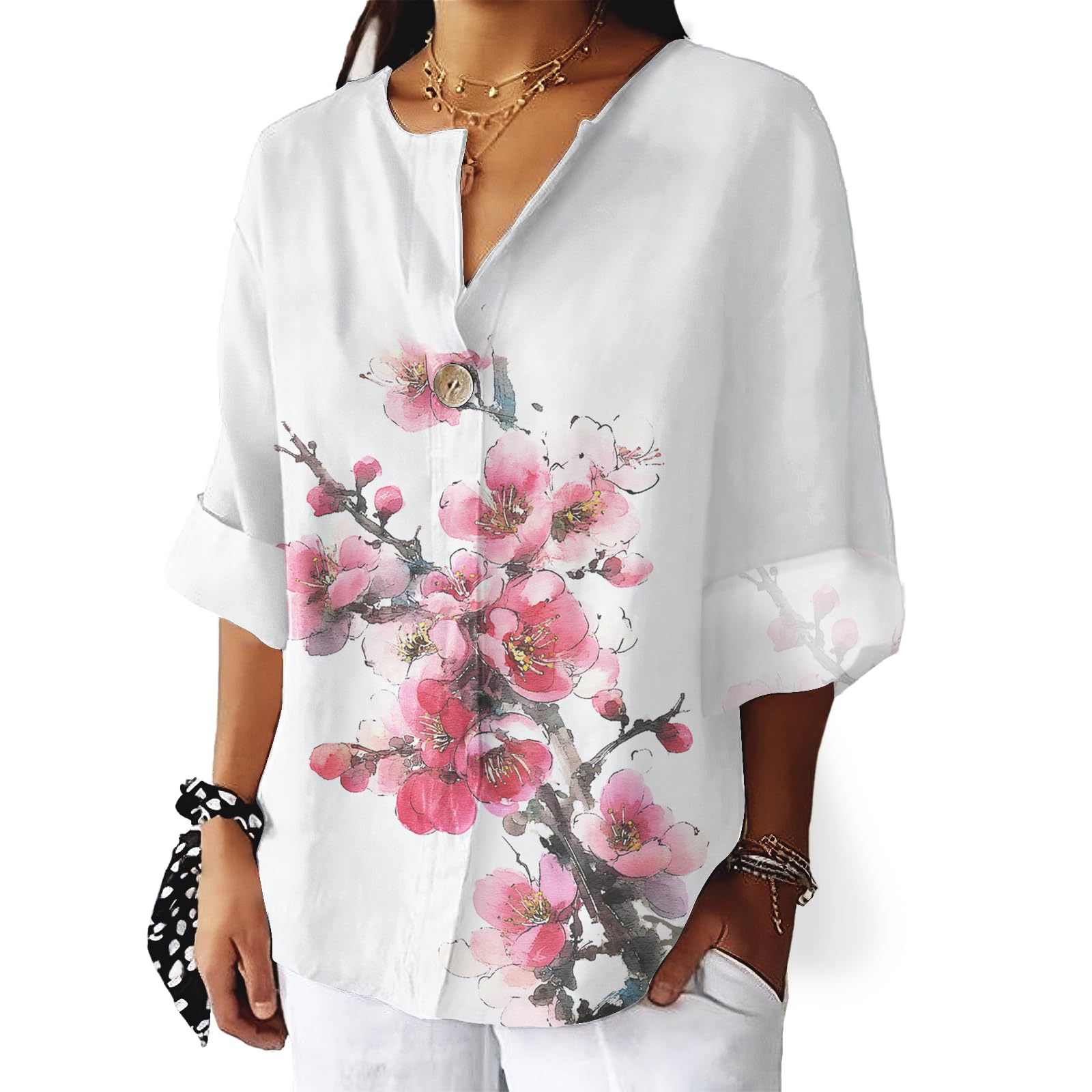 Plum Blossom Graphic Shirt for Womens Summer Casual Comfy Tee Blouse Fashion Elegant 3 4 Sleeve V Neck