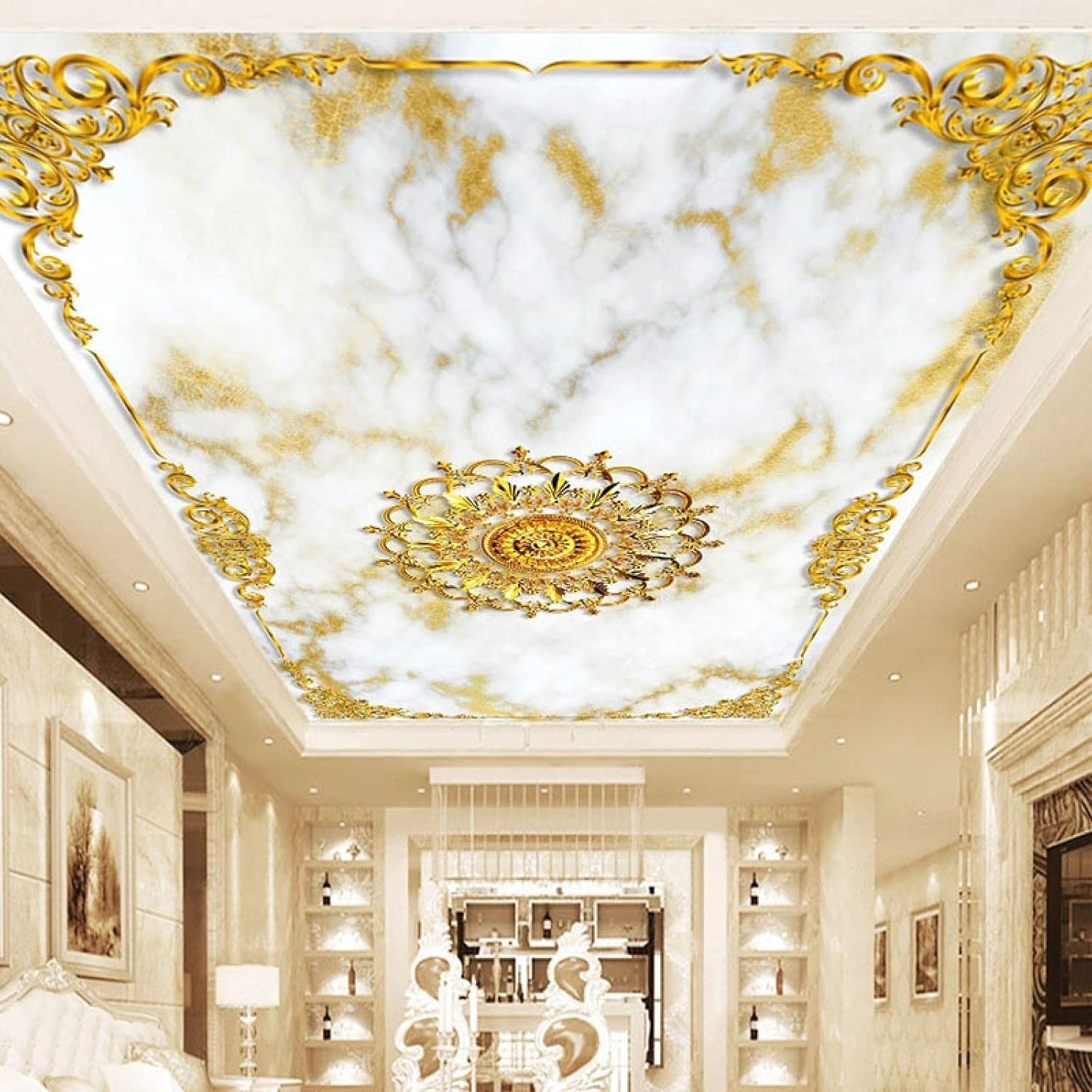 Luxurious Gilt Wall Mural, Patterned Ceiling 3D Large Wallpaper Peel and Stick Self-Adhesive Removable Wall Decor Stickers,for Living Room Bedroom TV Sofa Background,59" W x39.4 H