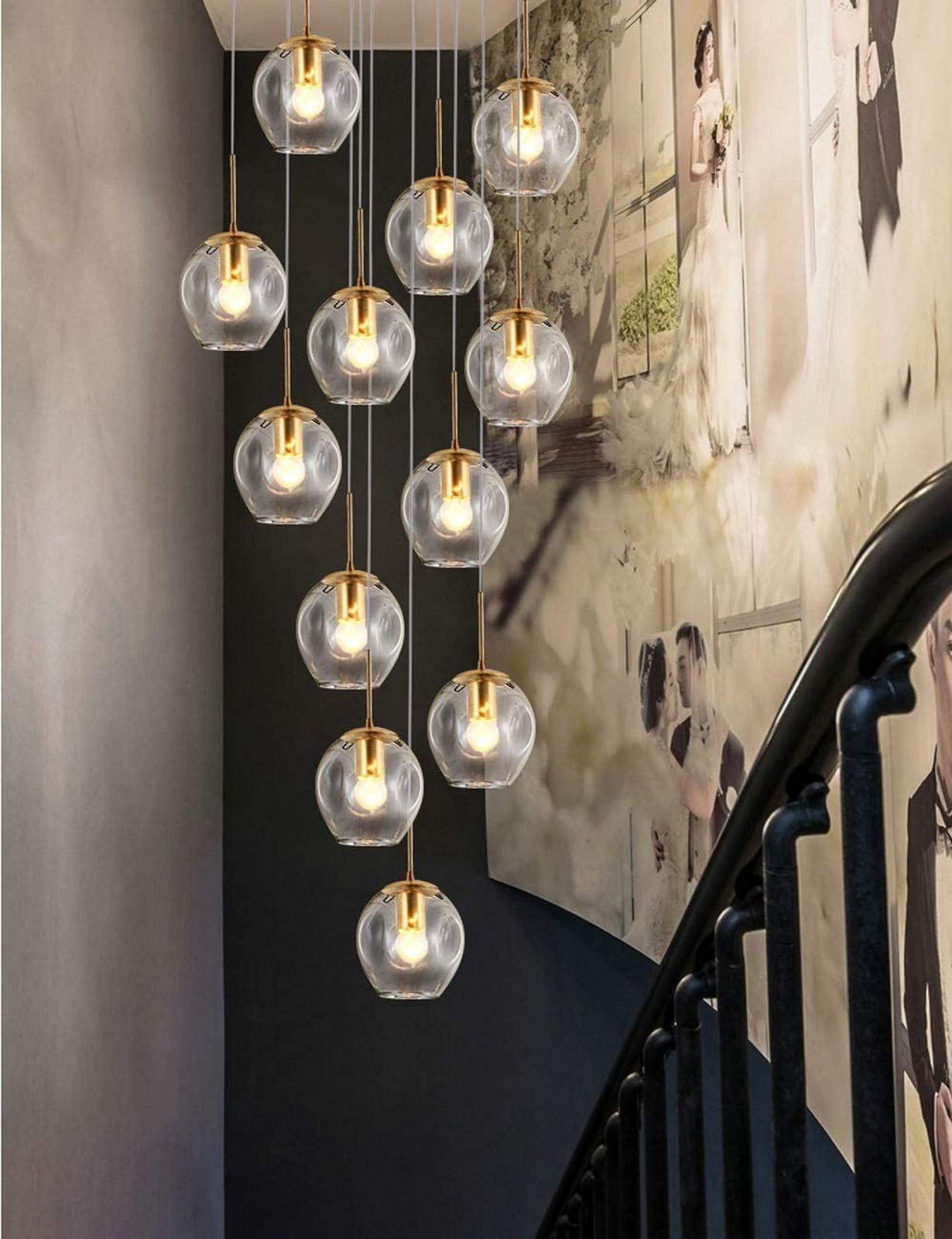 PCXEHUYP 12 Lights Glass Ball Chandelier for Living Room Staircase Duplex Villa Bedroom Restaurant Personality 50x220cm,Included Light Bulbs