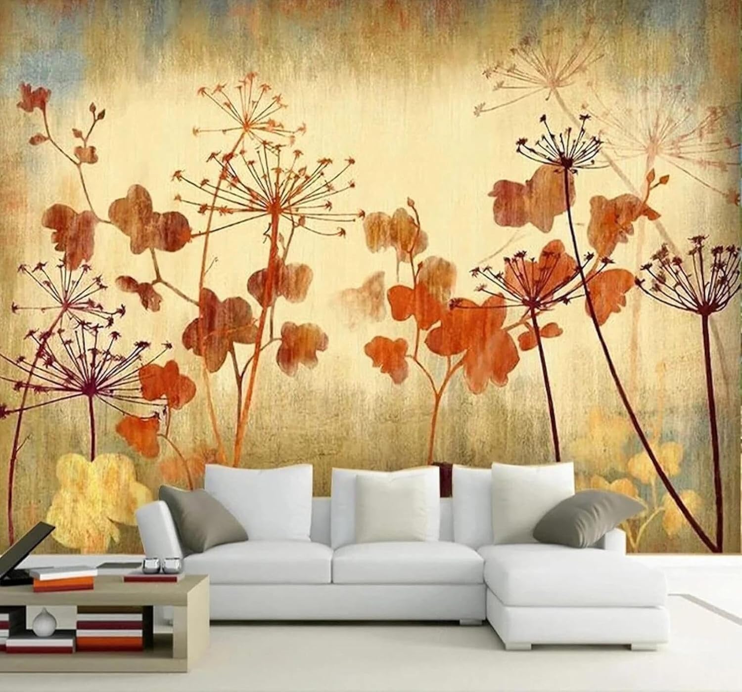 XLMING Hand Drawn Retro Minimalist Red Flowers Art 3D Wallpaper Premium Textured Silk Study Dining Living Room Bedroom Sofa TV Wall Easy Install-400cm×280cm