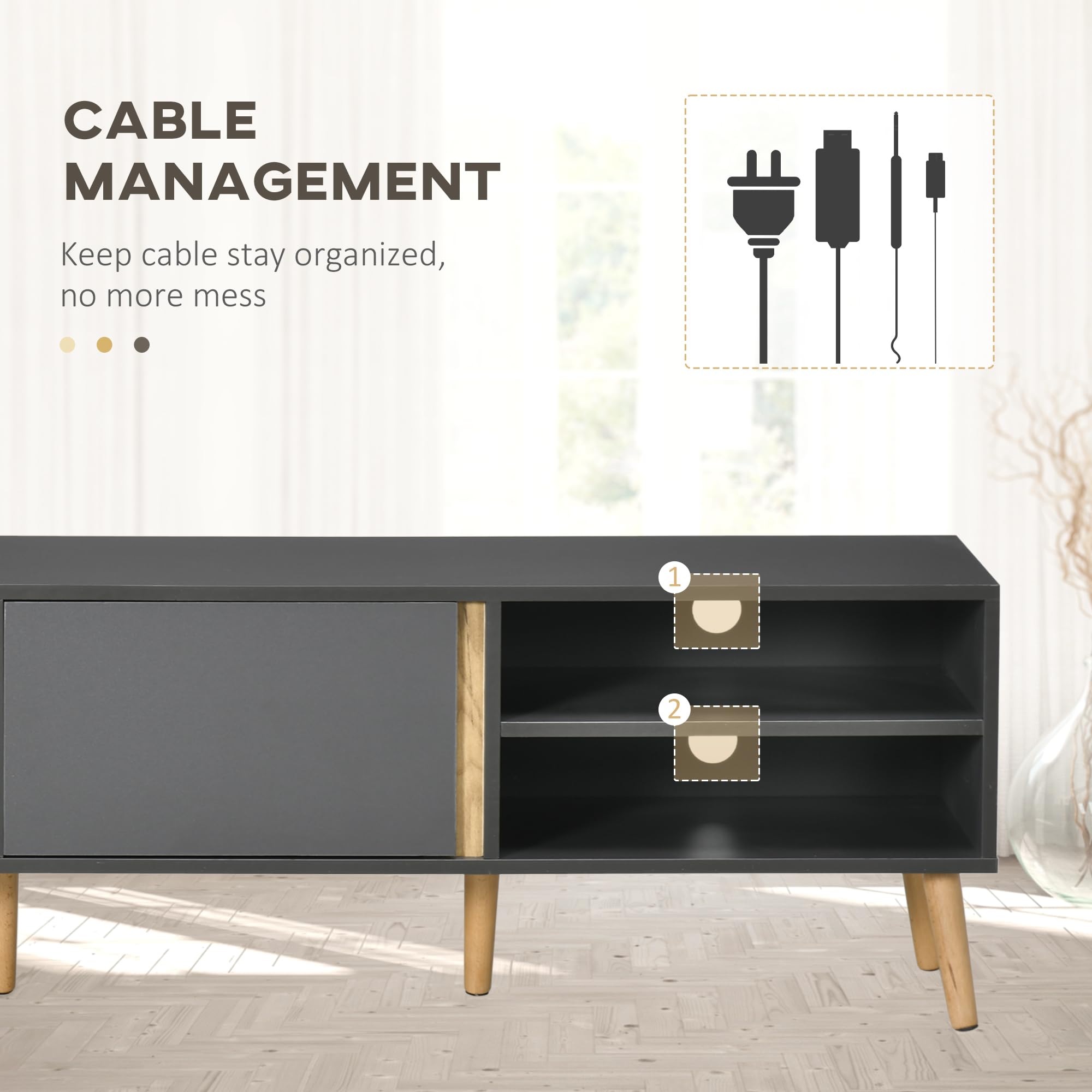 HOMCOM Mobile TV Design scandinavo 55 pollici 150 x 35 x 45 cm, grigio scuro | Panca TV, 2 porte, 2 nicchie, con passacavi, per TV fino a 55 pollici