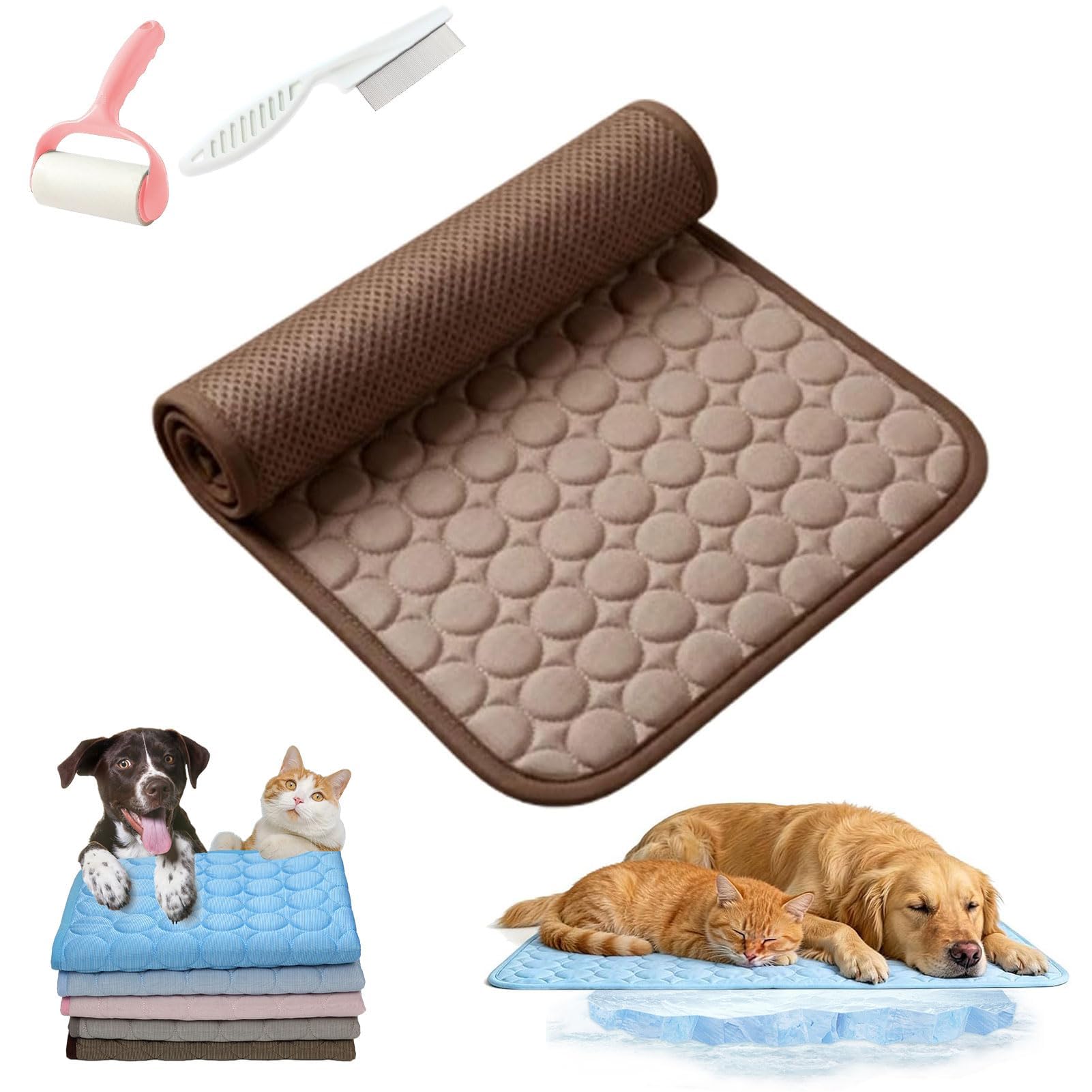 Dog Mat, Self-Cooling Pet Mat, Foldable Portable Ice Silk Self-Cooling Pet Cool Sleeping Pad, Washable Coolings Pad for Dogs Cats (brown, M)