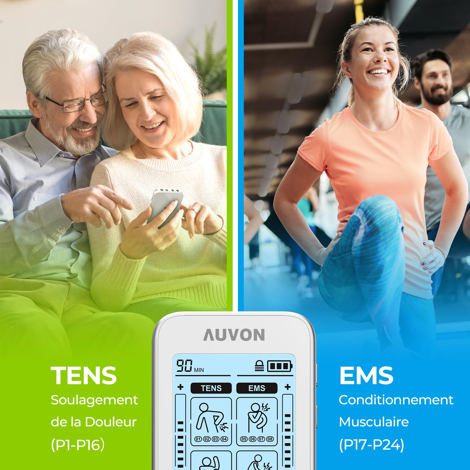 AUVON 4 Canaux Appareil d'électrostimulation EMS/TENS pour le soulagement de la douleur, avec 24 modes de electrostimulateur musculaire, 10 pièces d'électrodes brevetées de 2"x2"