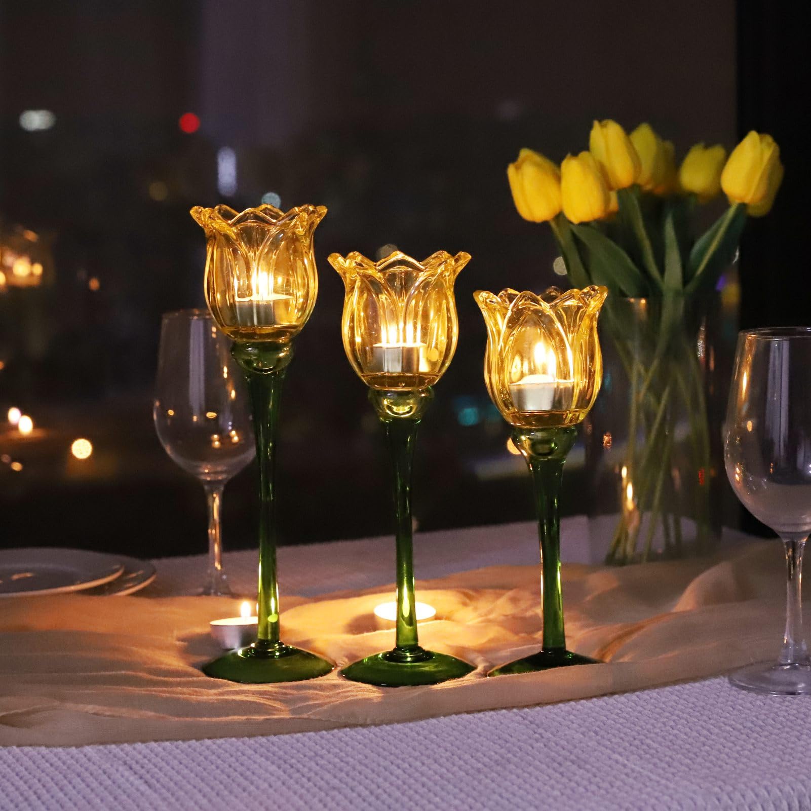VOHO Lot de 3 bougeoirs en forme de tulipes jaunes pour décoration d'intérieur moderne, cadeau d'anniversaire pour femmes, amies, photophores en forme de tulipe pour centre de table de fête