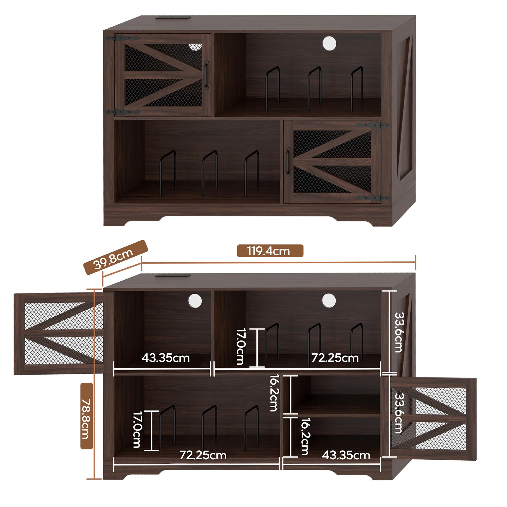 MDF Mueble para Discos de Vinilo con Acabado Nogal,Soporte para 500+ Vinilos, 2 Enchufes & 2 USB, Antivuelco, Mueble Compacto para Salón y Tocadiscos,Color Nogal（120×40×80cm）
