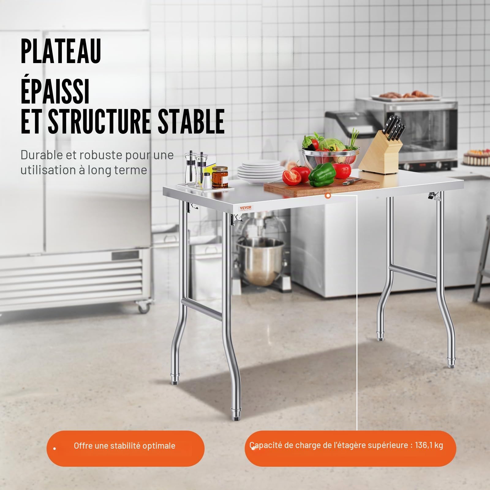 VEVOR Table de Travail Cuisine Pliante en Acier Inoxydable 1 Étage, Table de Travail Commercial 1220x610mm pour Préparation des Aliments,Table Charge 300 KG avec 4 Pieds Réglables