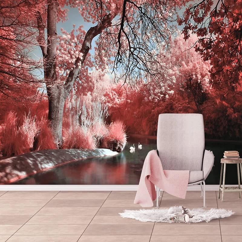 Papier peint personnalisé poétique forêt rose et cygnes pour une chambre cocon