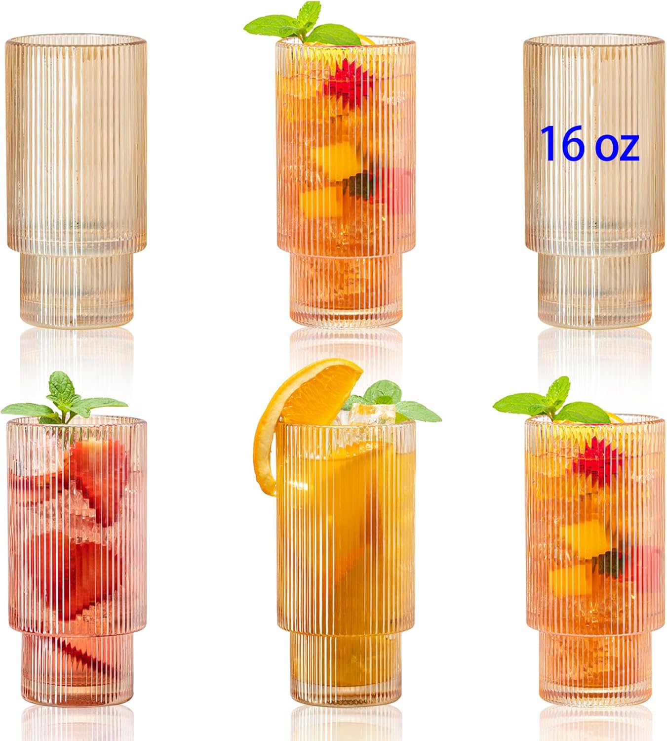 6 Pack Large 16Oz Ribbed Drinking Glasses Vintage Amber Set - Elegant ribbed glass cups, vintage drinking glasses for water, juice, cocktails, whiskey, iced coffee, smoothies – gift for home