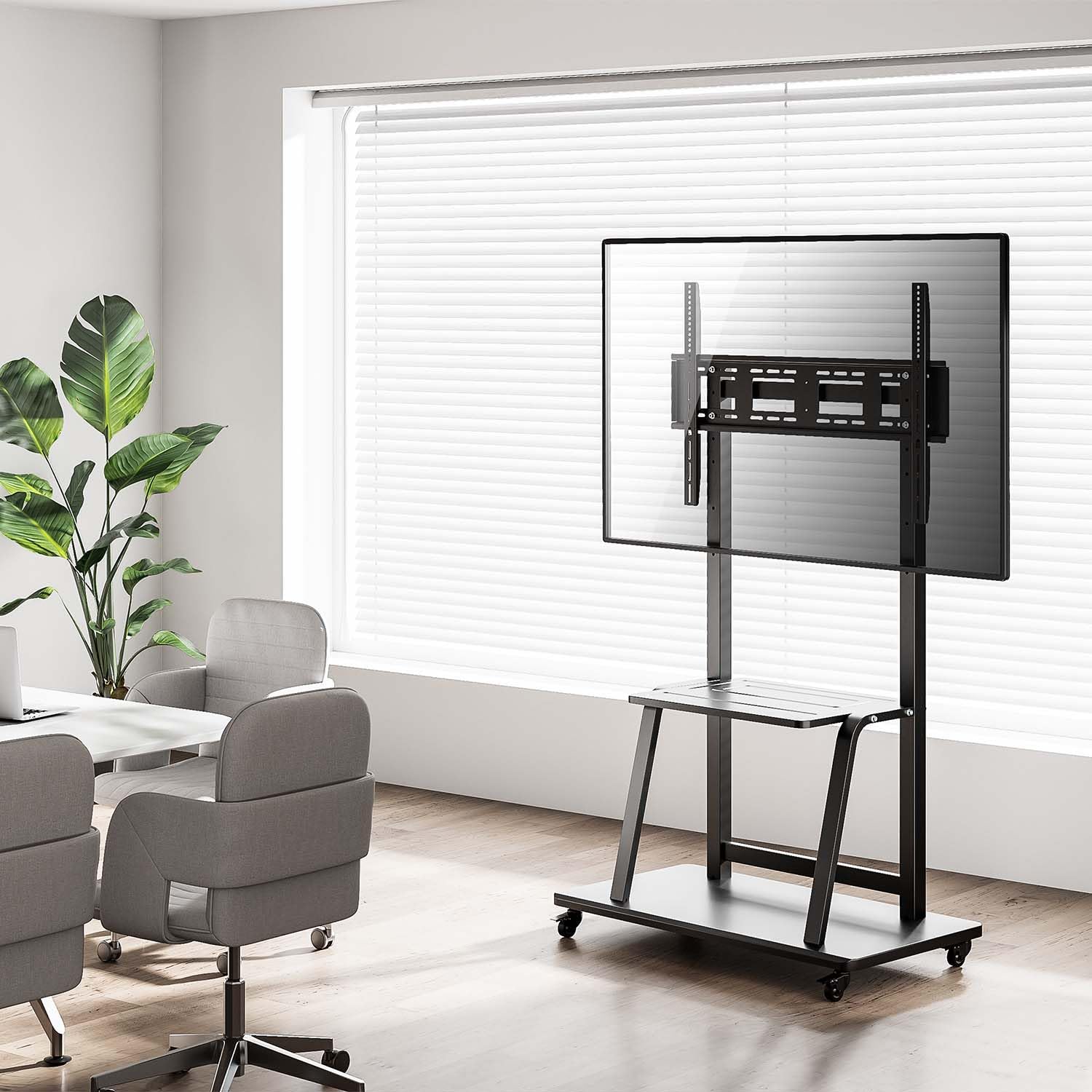 AISENS - FT100E-231 - Soporte de Suelo Eco con Rueda, Bandeja para DVD para Monitor/TV 150Kg de 37-100, Negro
