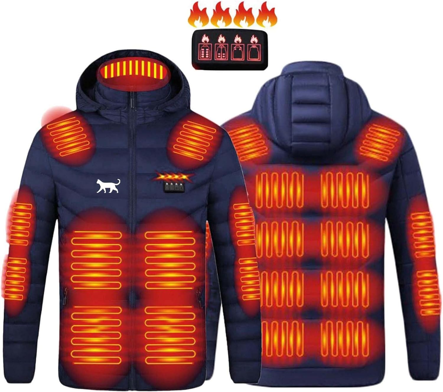 Mens Hooded Heated Jackets Plus Size 21-Areas Heating Winter Warm Full-Zip Stand Collar Long Sleeves Coat Outwear