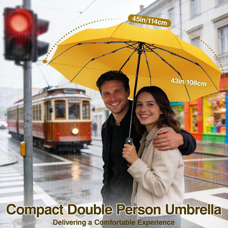 Umbrelă de călătorie compactă, rezistentă la vânt, ZOMAKE, automată, pliabilă, mini umbrelă portabilă de 46 inch, galbenă, pentru bărbați și femei
