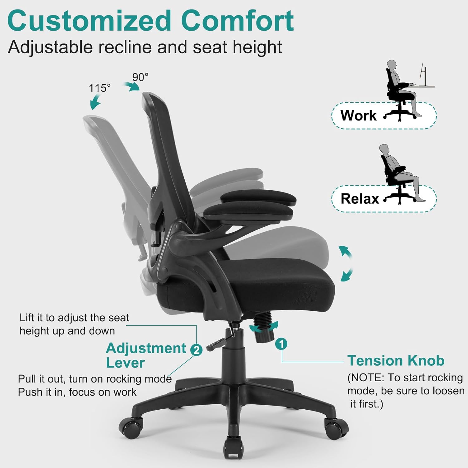 Office Chair, Ergonomic Desk Chair with Adjustable Lumbar Support Breathable Mesh Computer Chair with Flip-up Armrests, Comfy Mid Back Rolling Swivel Executive Chair for Home Office, Black - Image 4