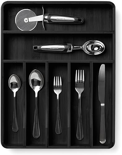 SMIRLY Organizador de cajones de cubiertos de bambú, organizador de cajones de cocina, organizador de utensilios de cocina para cajones de cocina,