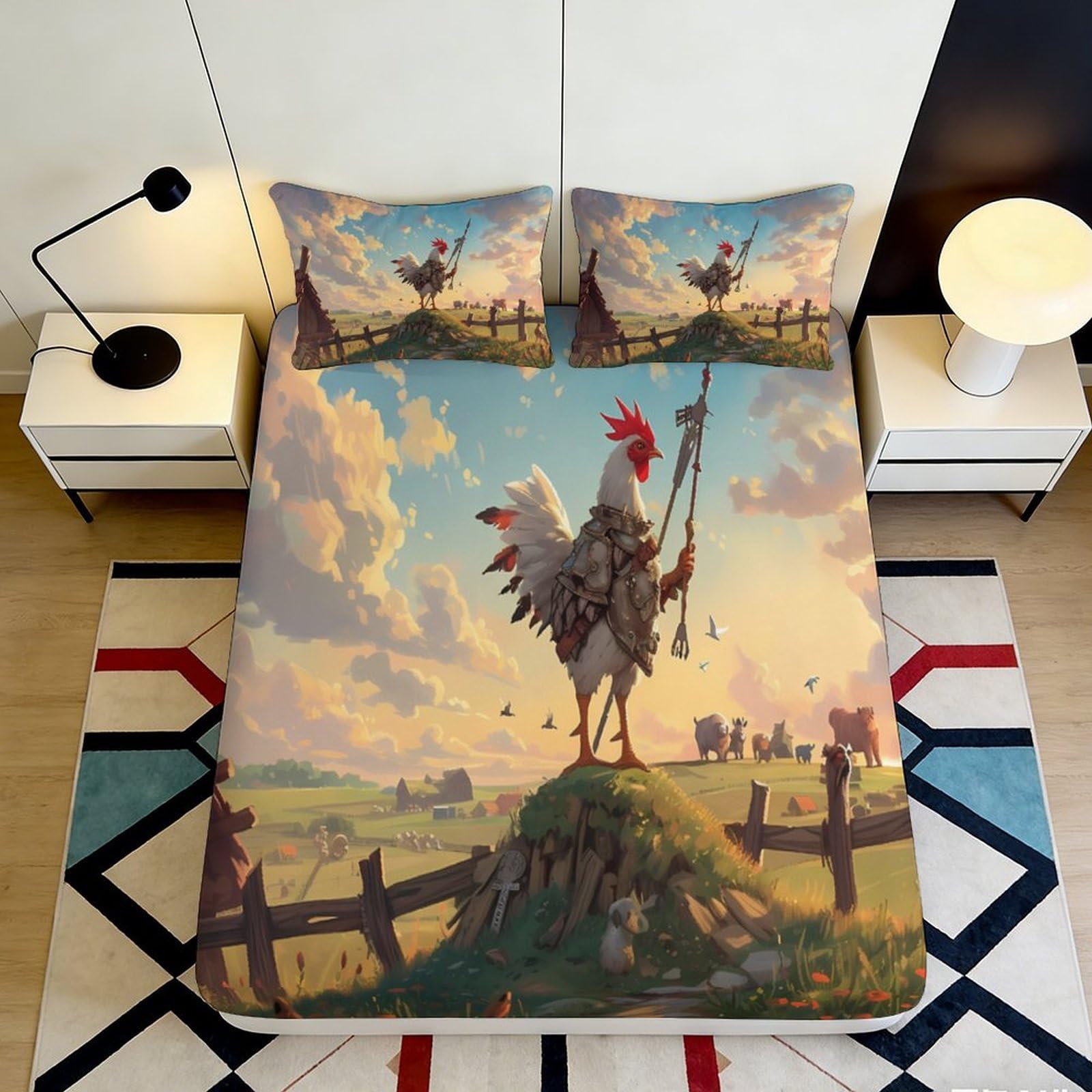 3D Printed Rooster Sunrise Fitted Sheet Microfiber Soft Decorative Country Landscape Mattress Cover for Bedroom Dorm 90x200x25cm