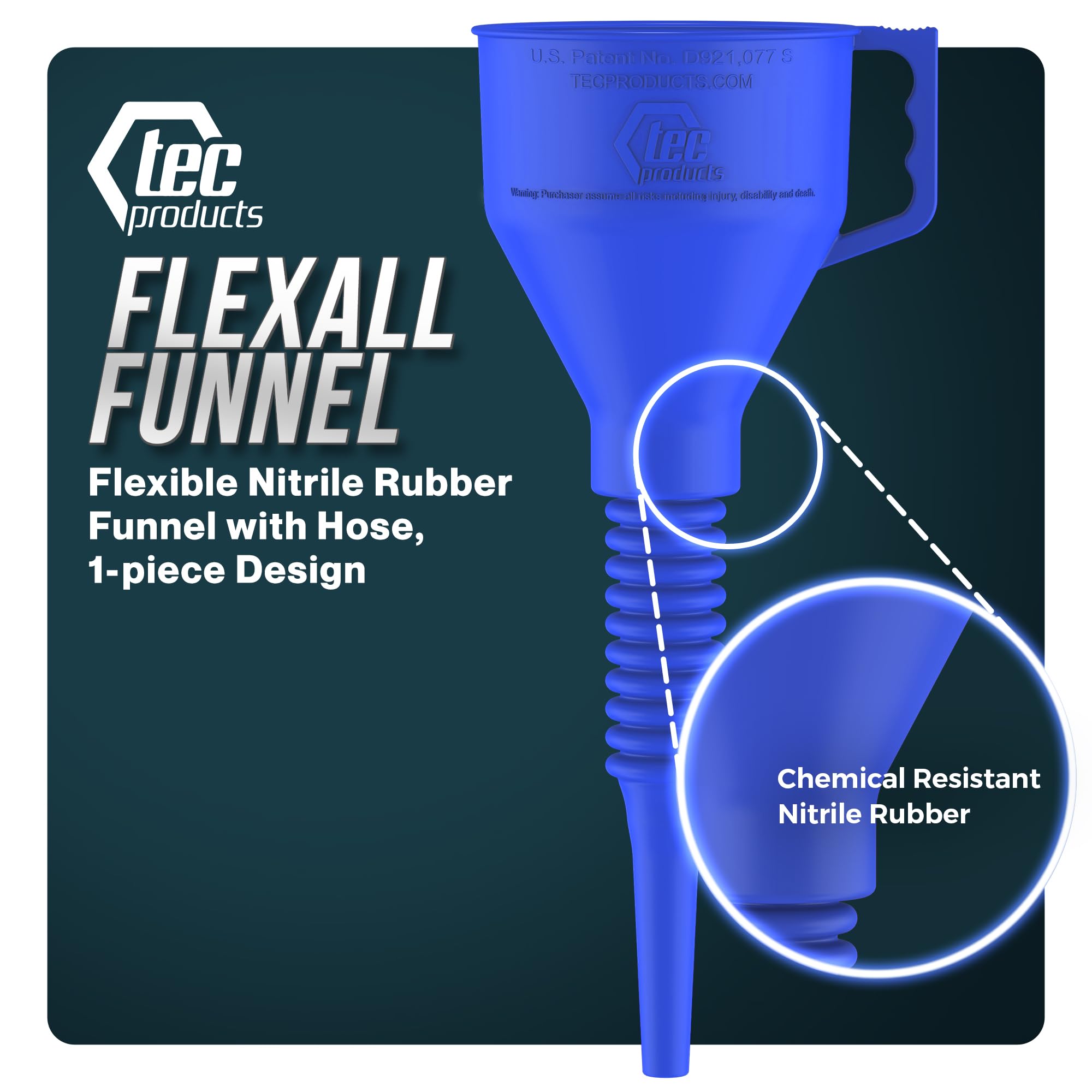 TEC Products FlexAll Funnel - Long Flexible Funnel with Hose for Automotive Use - Durable Nitrile Rubber - Ideal for Car Oil Change, Transmission Fluid, Diesel, Fuel, Gas & More - Made in USA