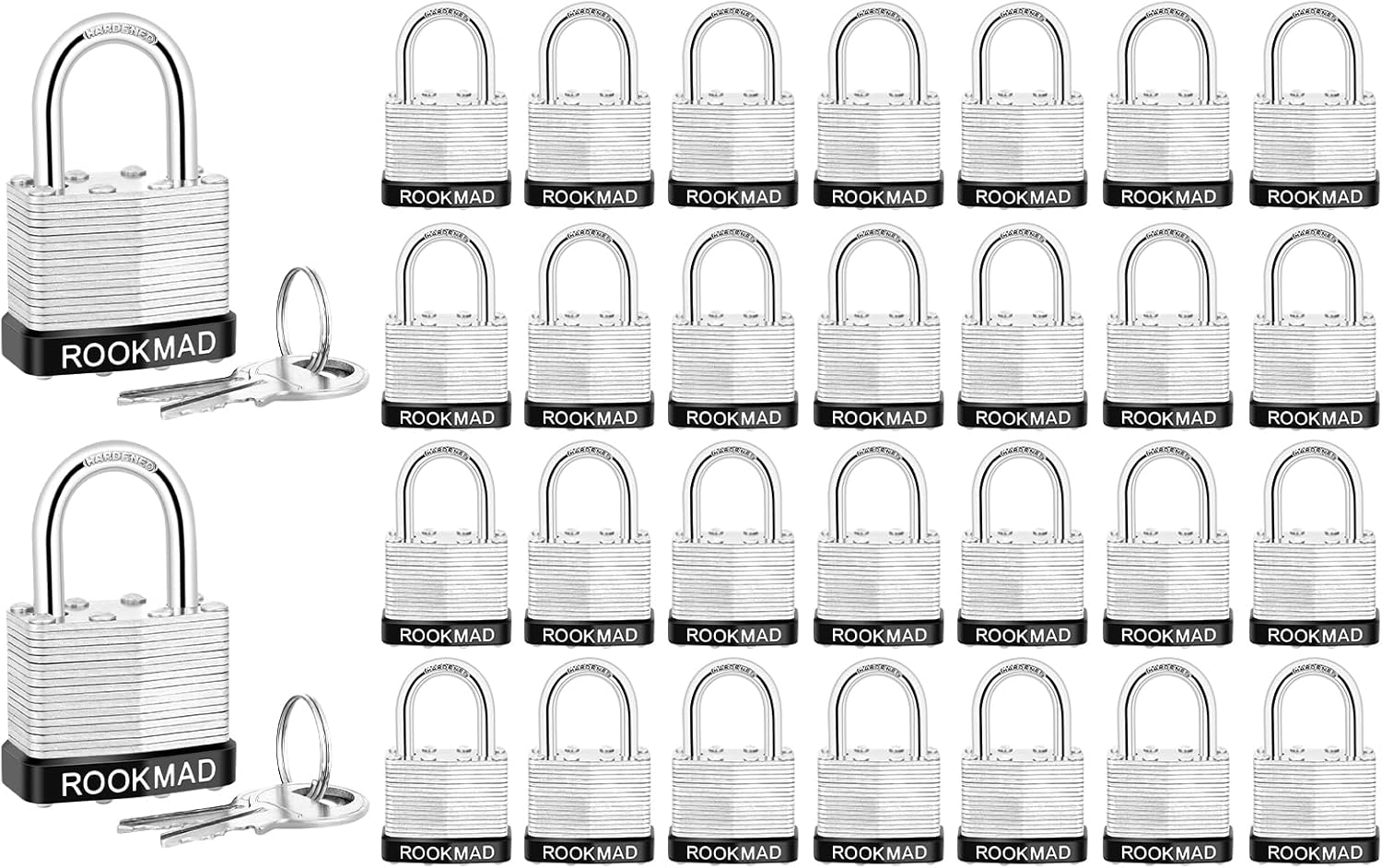 Keyed Padlocks, Laminated Steel Padlock, Keyed Alike Locks with Same Keys, PE Plastic Hoop, This Pad Lock with Eco-Friendly Materials, 30 Pack