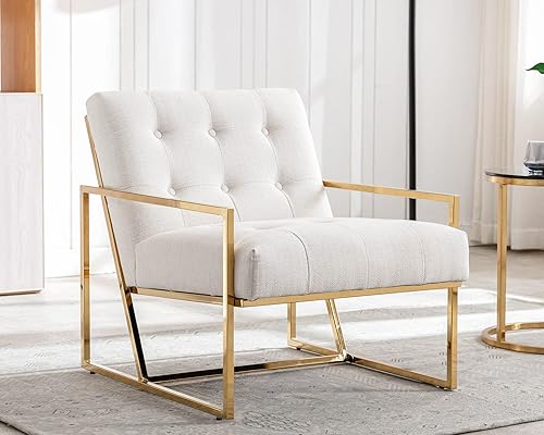 HNY Silla decorativa moderna de mediados de siglo, silla tapizada con botones de lino con marco de metal dorado, silla de sala de estar de 25.5