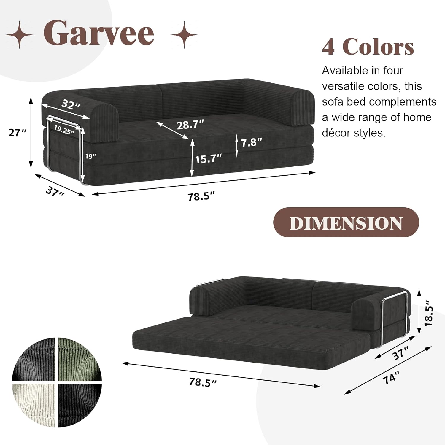Convertible Corduroy Sleeper Sofa Bed,Folding Mattress Couch with Fixed-Shape Frame, 3 Seater Fold Out King Size Futon,No Assembly Floor Couch for Living Room Dorm Studio 78.7*39.4*29.6 in Black