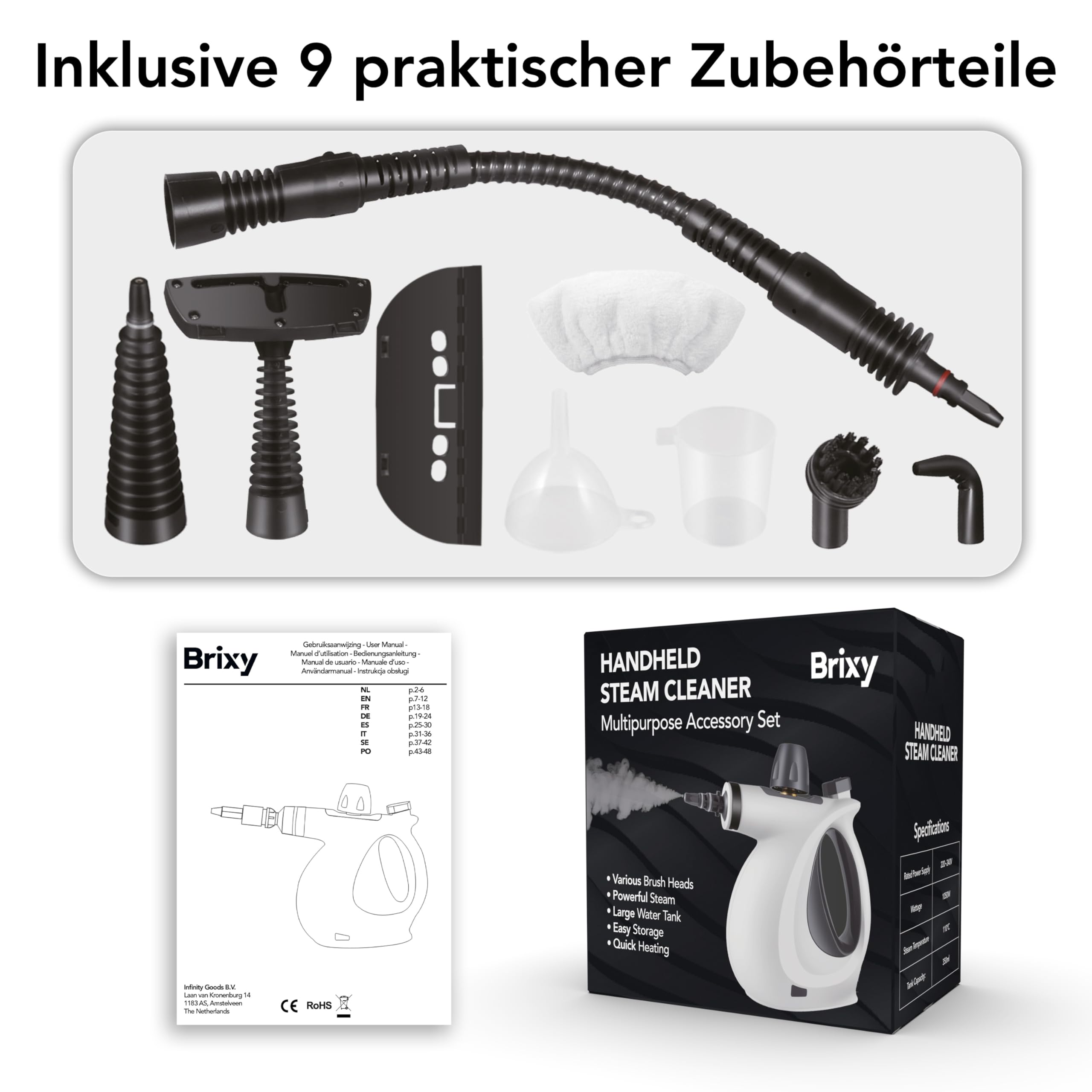 Brixy Leistungsstarker Handdampfreiniger 1050W für vielseitige Tiefenreinigung, inkl. 9-teiligem Zubehör, Weiß/Schwarz