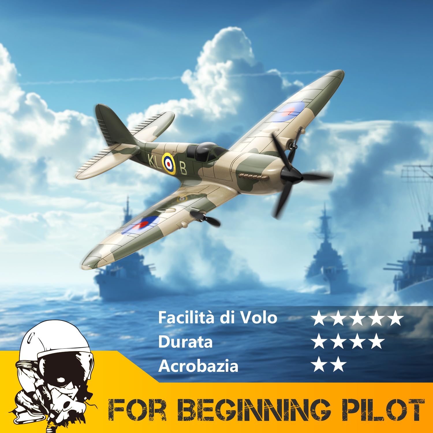 HAWK'S WORK Aereo RC a 3 Canali Spitfire Fighter, Elicottero da Guerra Telecomandato Pronto a Volare, Stabilizzatore Giroscopico a 6 Assi a 2.4GHz, Facile da Pilotare per Bambini e Principianti